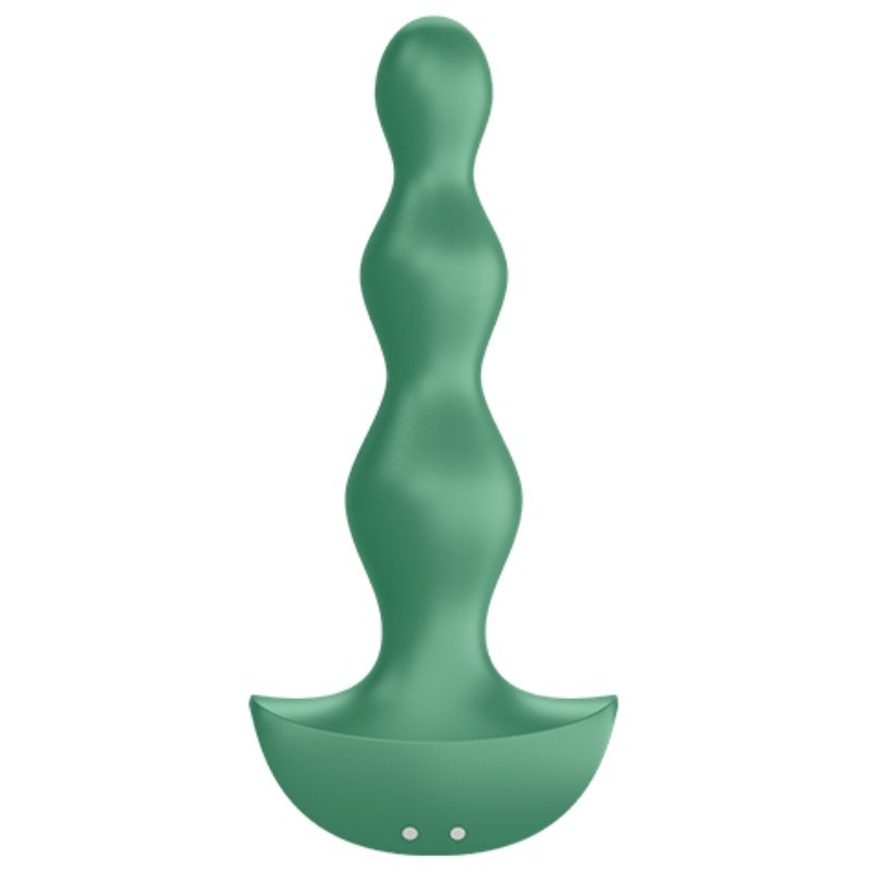 Vibrateur anal vert à la forme incurvée et à base large.