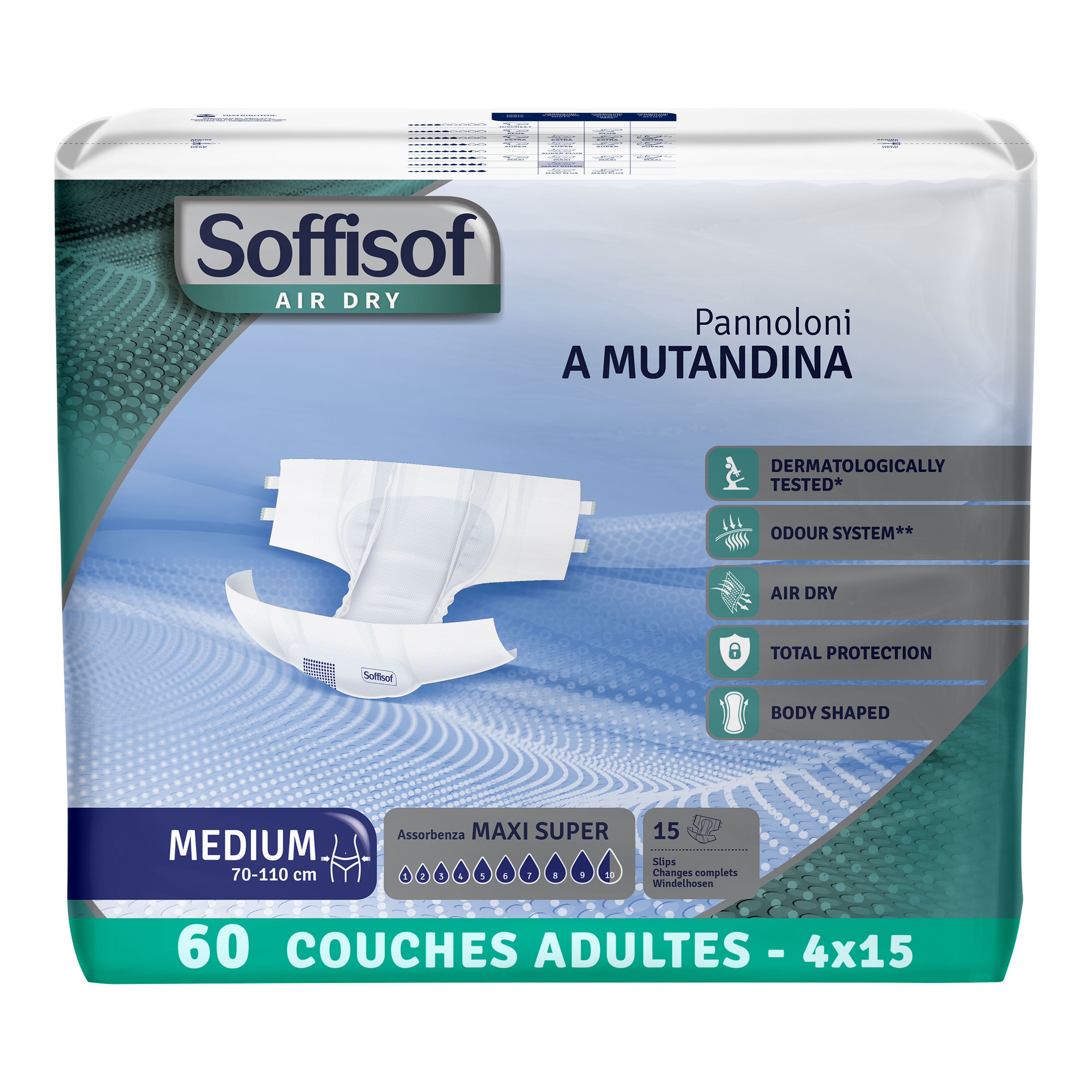 Paquet de couches adultes Soffisof Air Dry. Taille M, 70-110 cm. 60 couches.