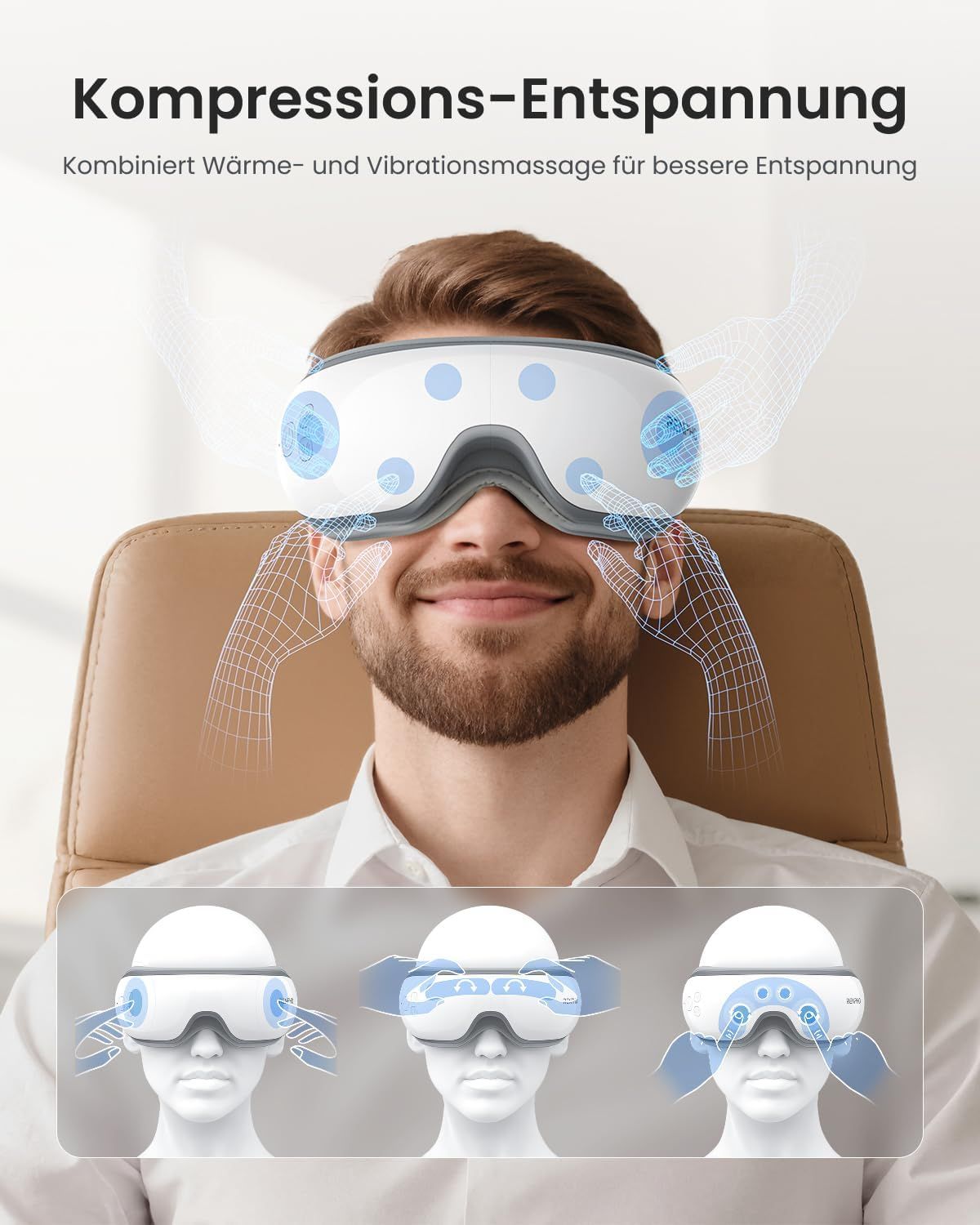 Homme portant un masseur oculaire RENPHO, fonction de massage par compression.