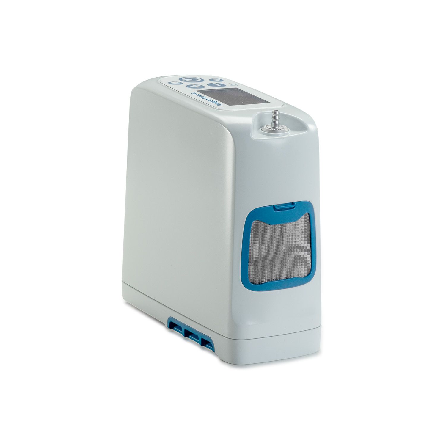 Achterkant van de Inogen Rove 6 zuurstofconcentrator met ventilatierooster en blauw accent.