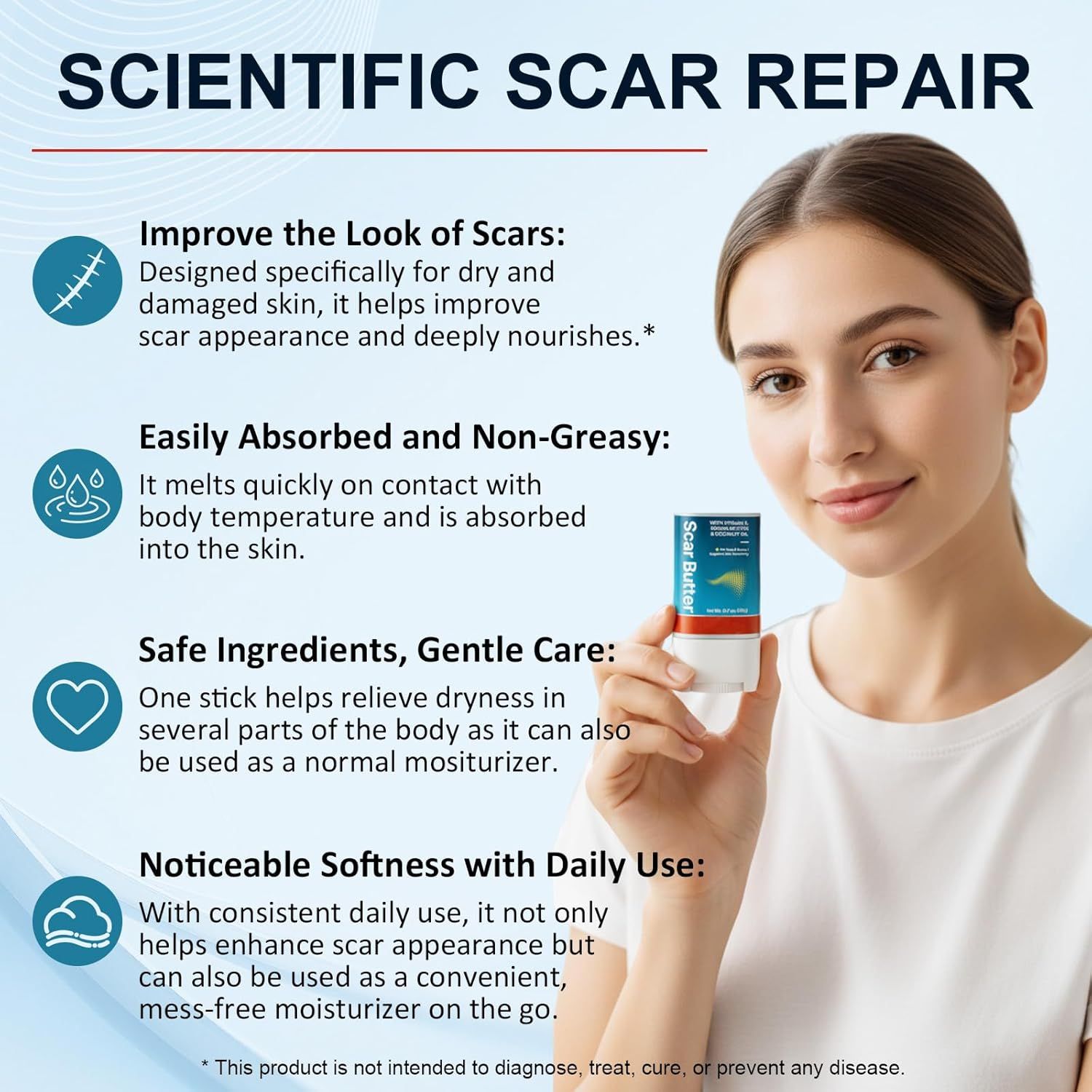 Vrouw met "Scar Butter" stick. Tekst: Wetenschappelijke littekenreparatie. Verbetert littekens, snelle absorptie, zachte ingrediënten.