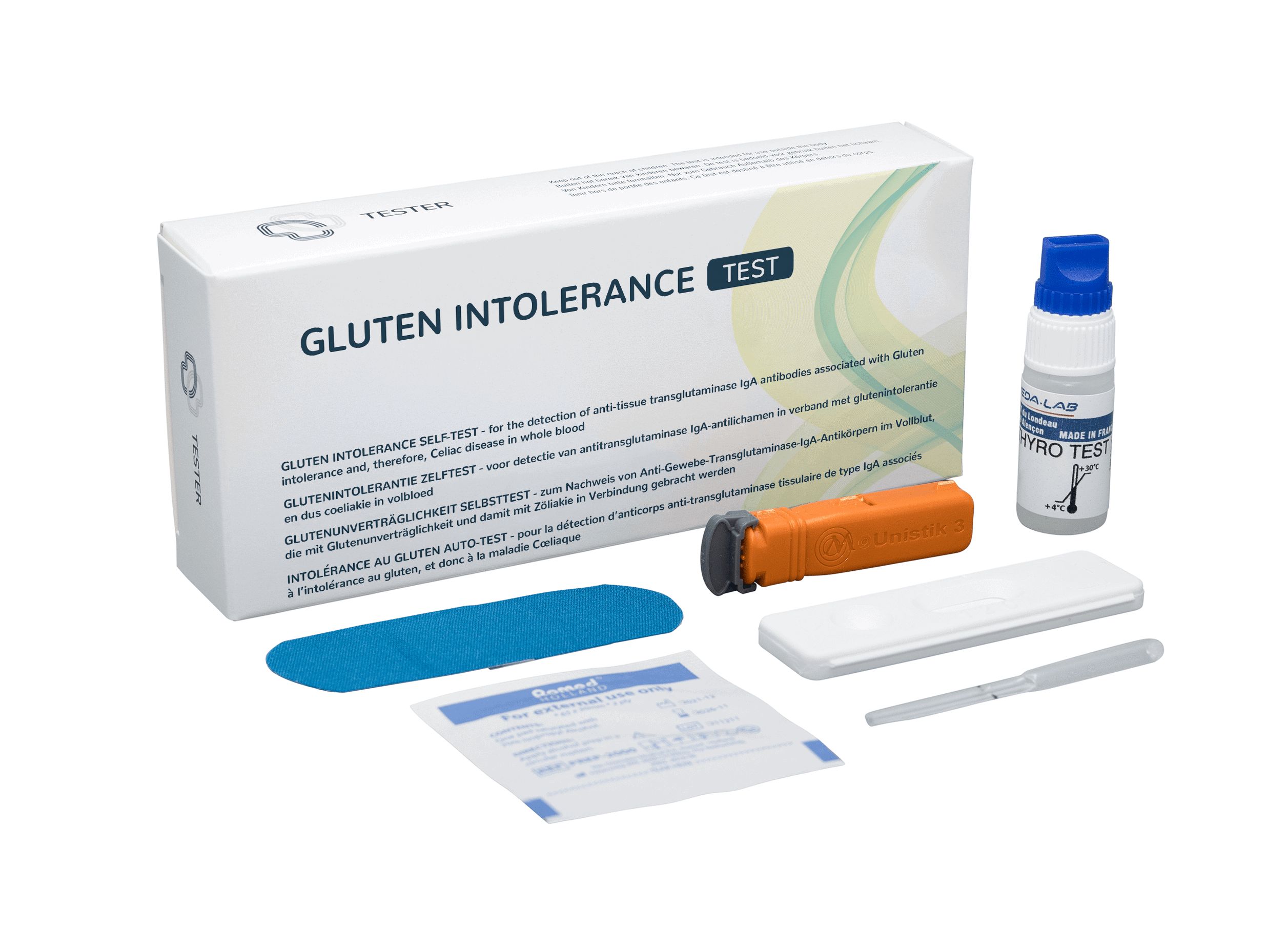 Glutenintolerantietestkit met pipet, lancet, testcassette en flesje.