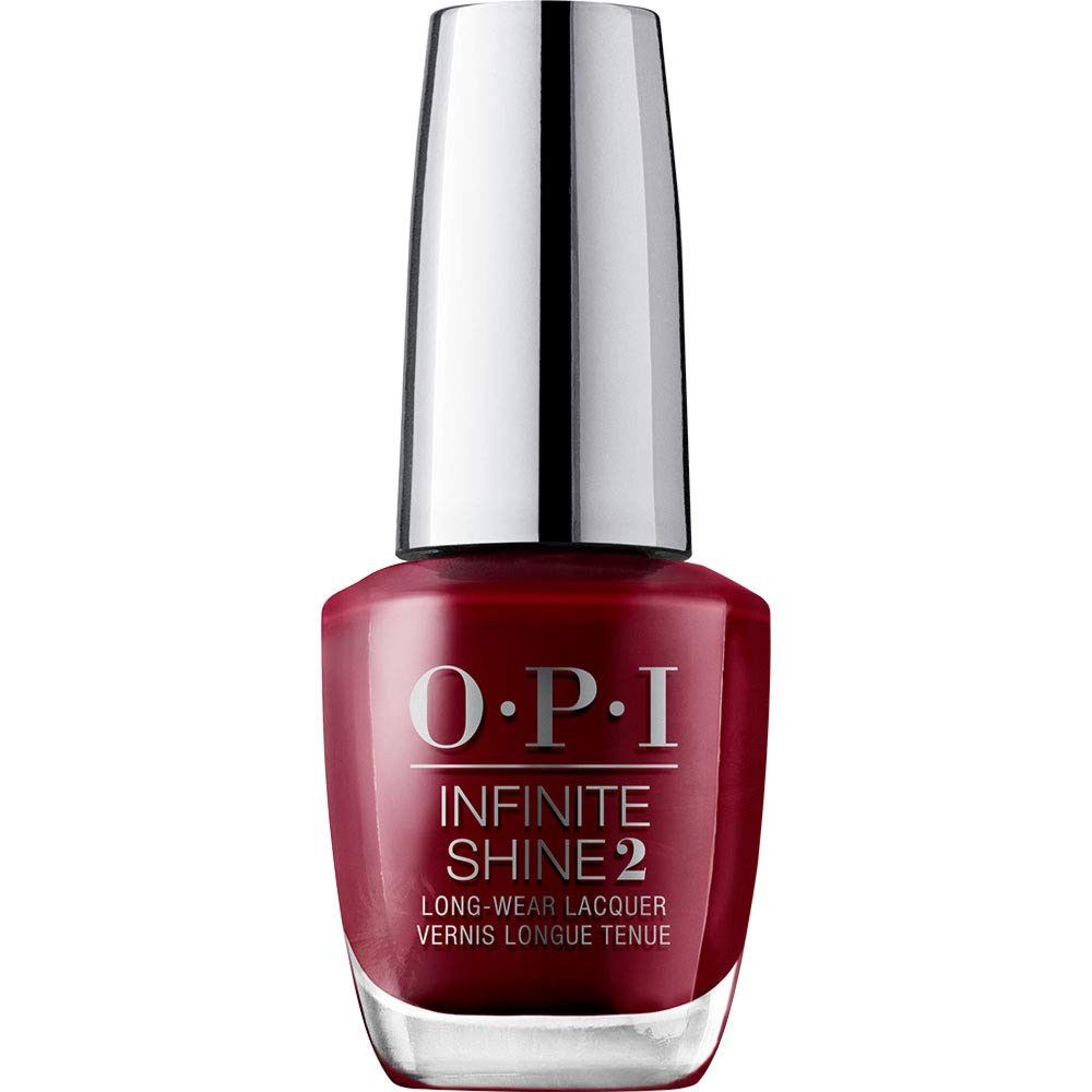 Flacon de vernis à ongles. OPI Infinite Shine 2. Vernis rouge foncé. Bouchon argenté.