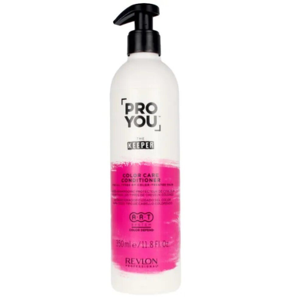 Flacon blanc avec pompe noire. Étiquette rose avec texte: PRO YOU, THE KEEPER, COLOR CARE CONDITIONER. Marque: Revlon.