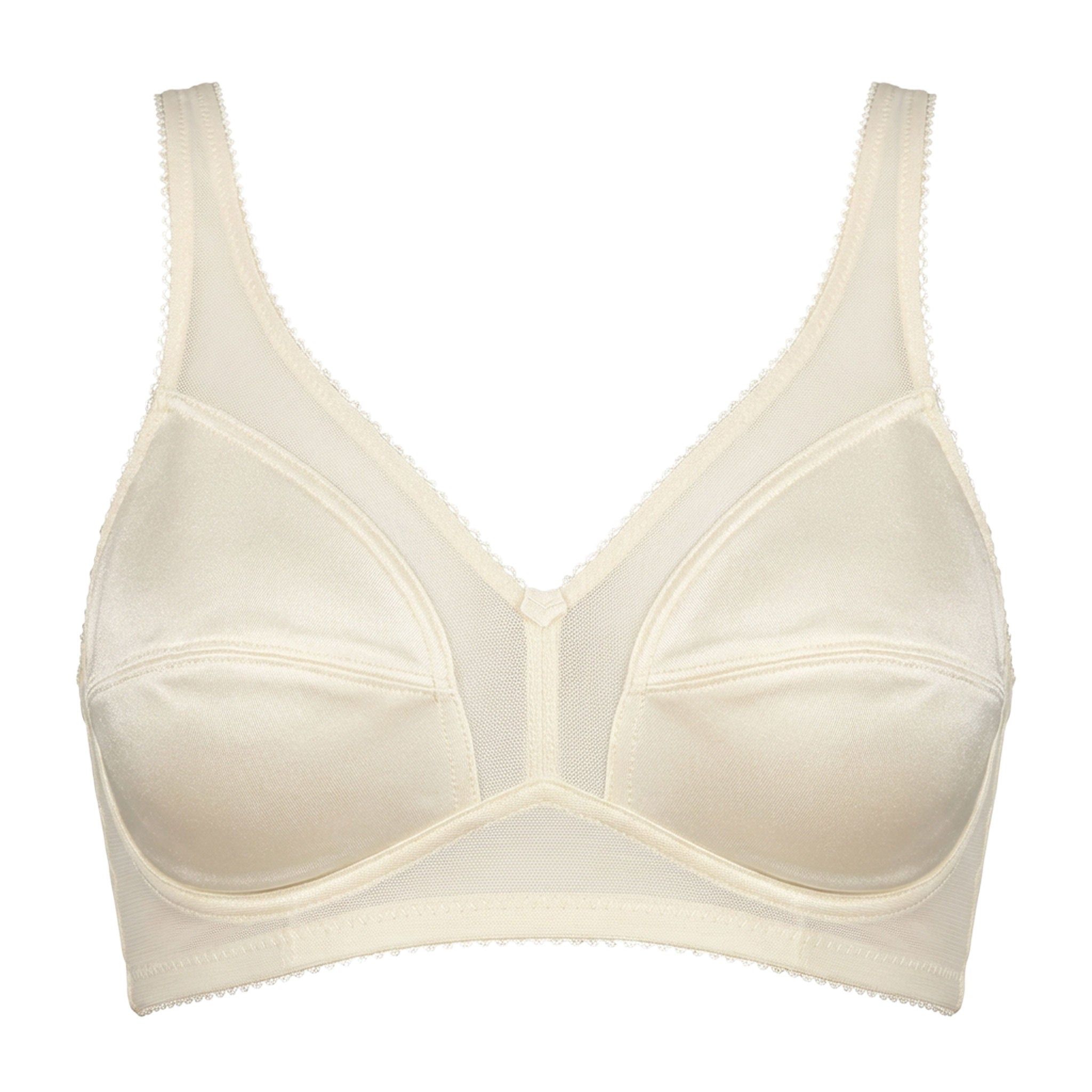 Beige satijnen steun-bh. Cup D. Hoge ondersteuning. V-hals, brede bandjes. Detailweergave.