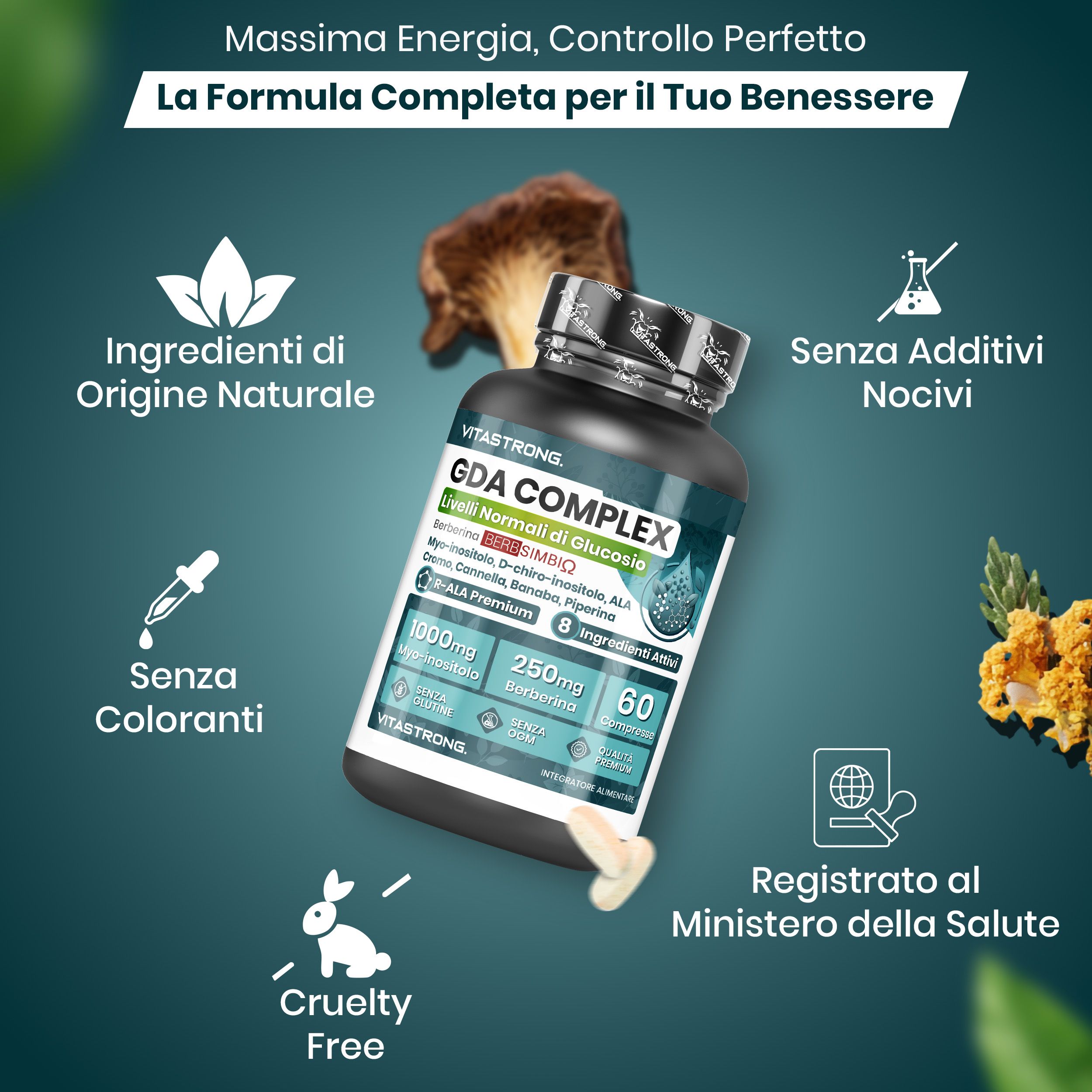 Vitastrong GDA Complex, 60 comprimés. Emballage. Texte: Myo-Inositol, Berbérine, 60 comprimés, sans gluten, sans OGM.