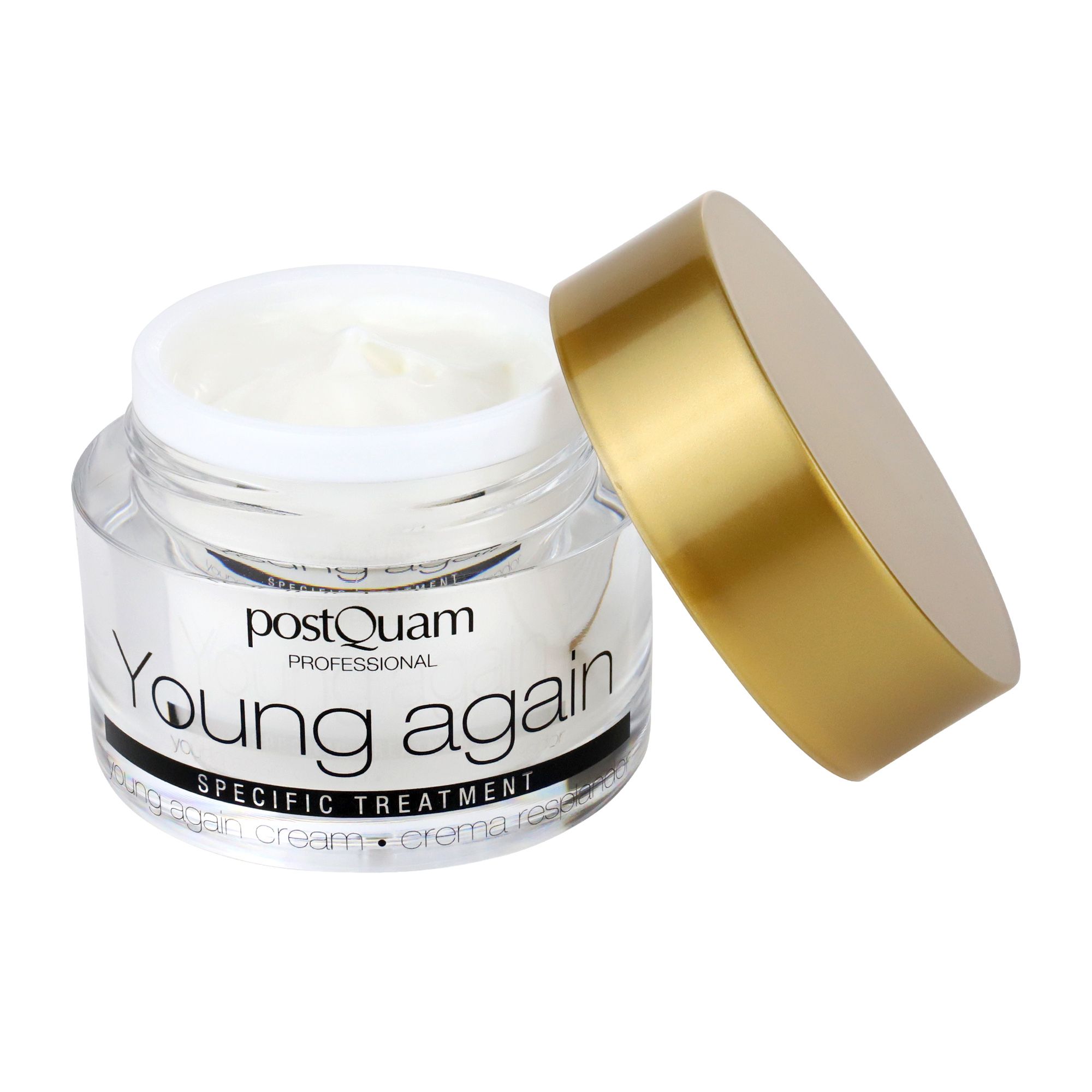 Open crèmepot met gouden deksel. Opschrift: Young again, Specific Treatment. Merk: Postquam. Crème zichtbaar.