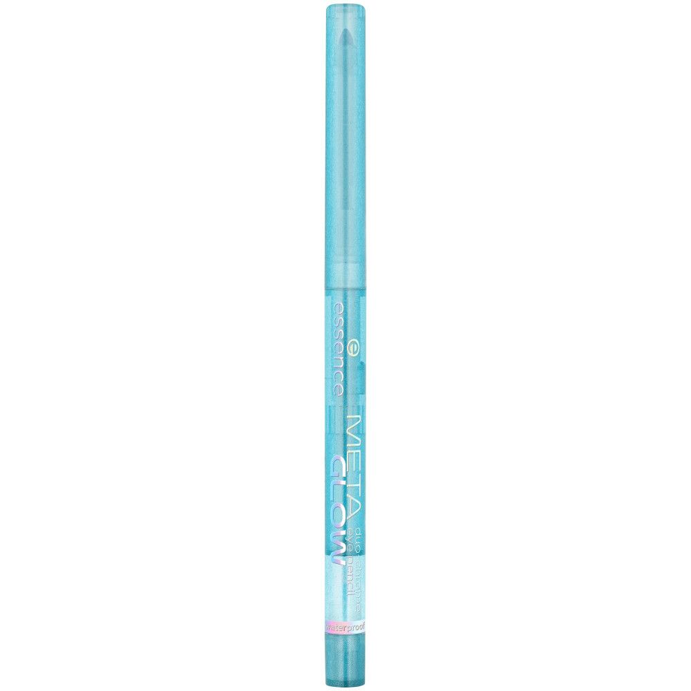 Blauw kajalpotlood, transparante behuizing. Opschrift: META GLOW, essence.
