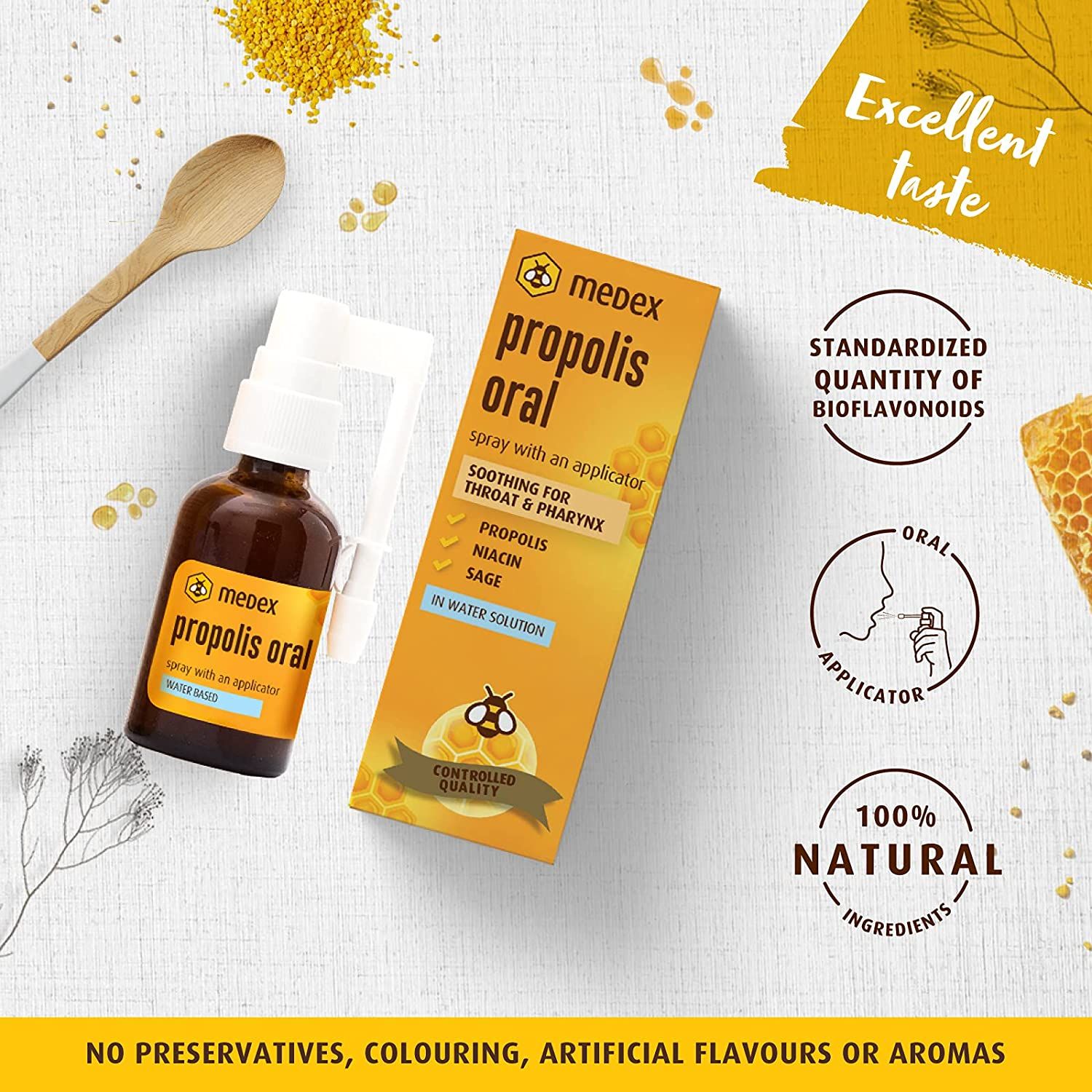 Medex Propolis Oral spray met applicator, op waterbasis, met bijenmotief.