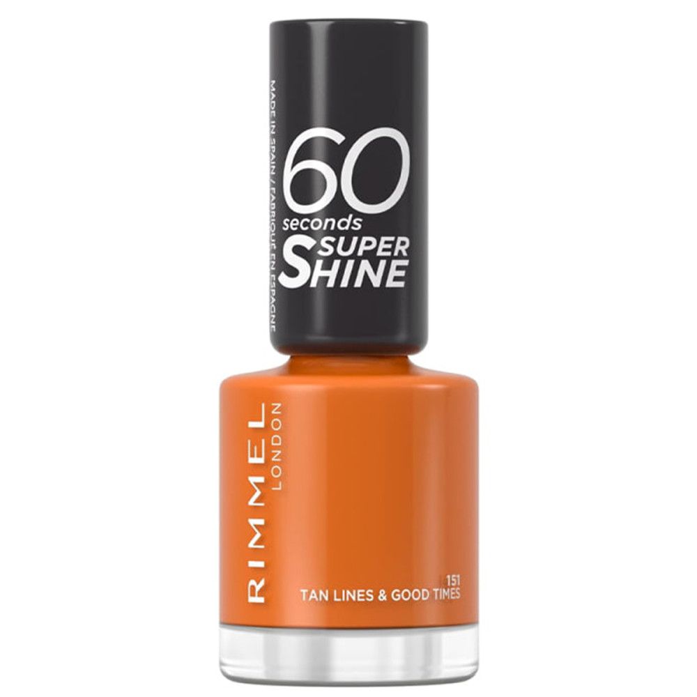 Flacon de vernis à ongles orange, bouchon noir avec texte '60 secondes Super Shine'.