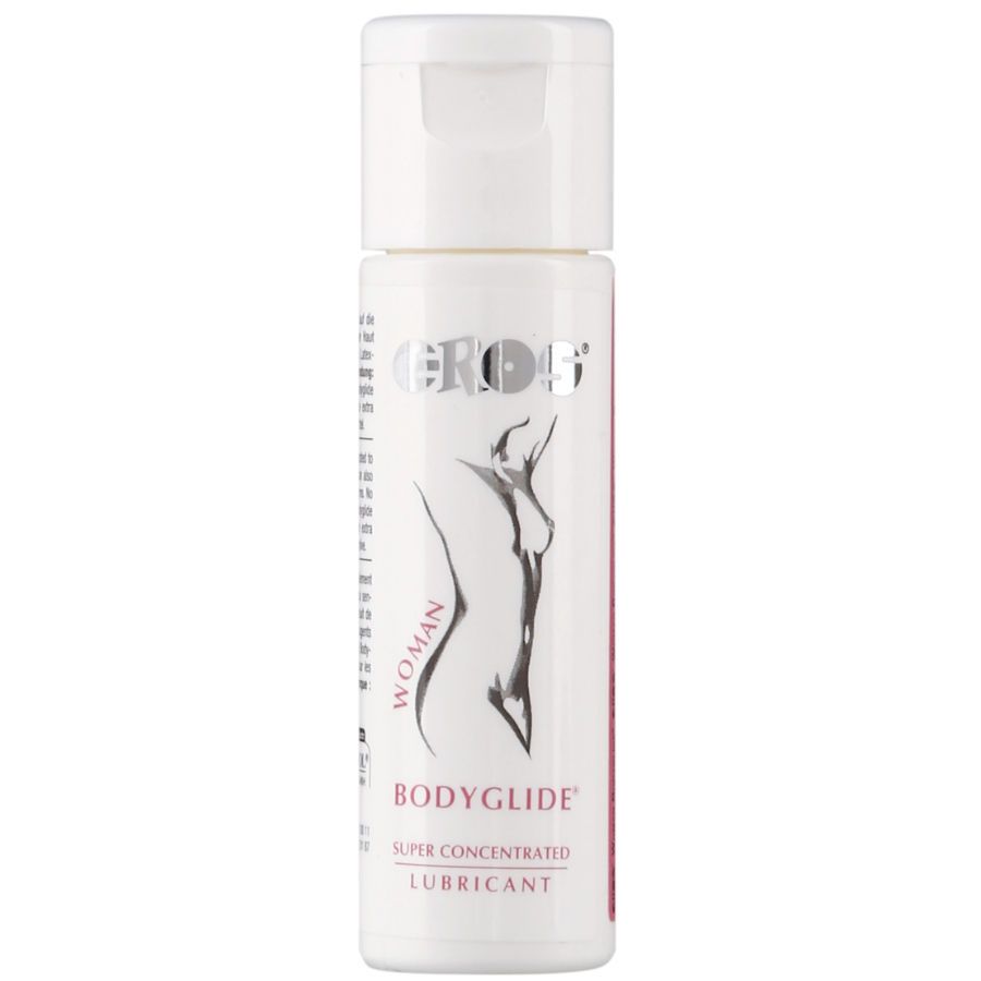 Flacon de gel lubrifiant Eros Bodyglide Woman avec silhouette féminine.