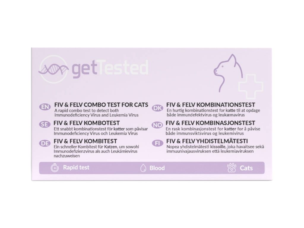 Verpakking van GetTested FIV & FeLV combitest. Meertalige informatie, waaronder Nederlands. Logo en afbeelding van een kat.