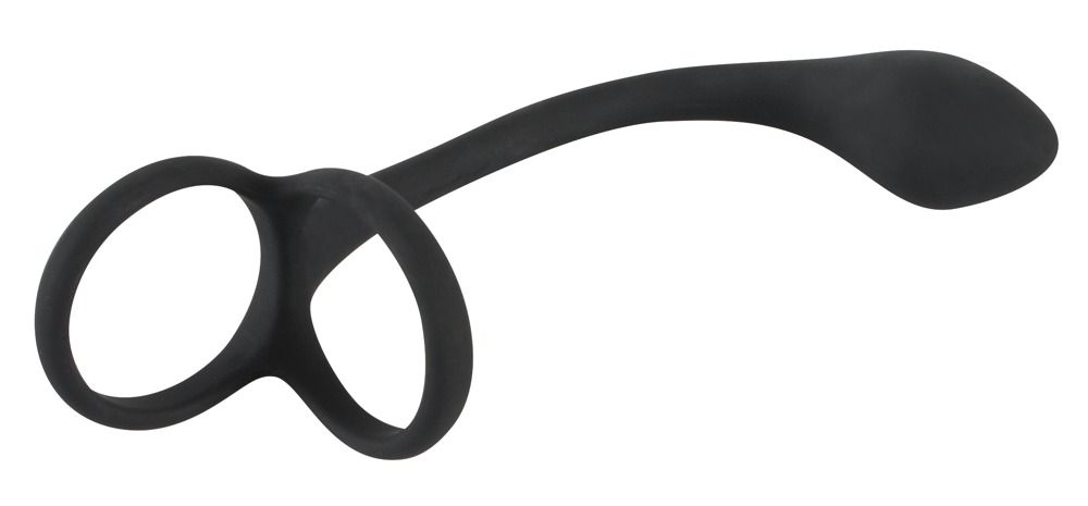 Anneau de pénis/testicules noir avec plug anal en silicone, courbé.