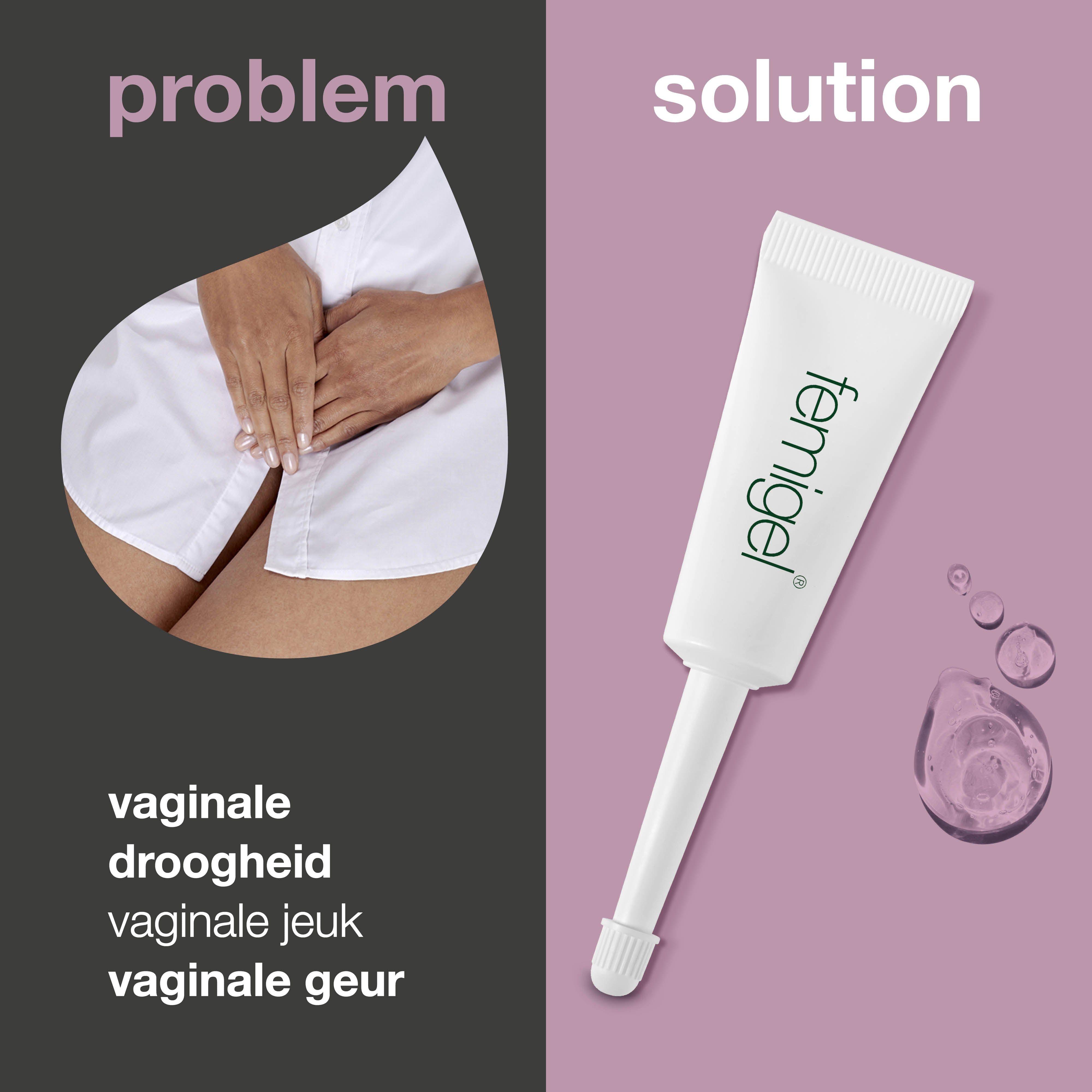 Femigel tube en druppels. Opschrift: Femigel. Probleem: vaginale droogheid, jeuk, geur.