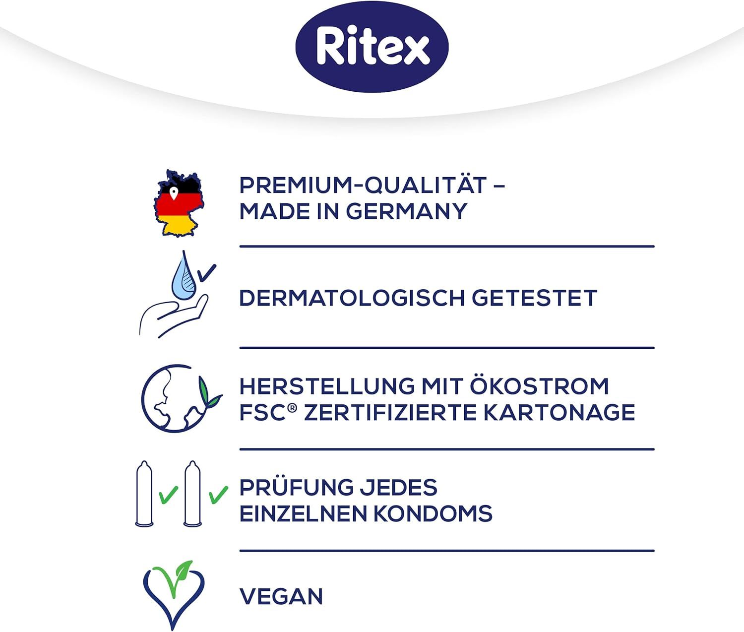 Infographie avec caractéristiques de qualité : qualité supérieure, Fabriqué en Allemagne, testé dermatologiquement, fabriqué avec de l'énergie verte, végétalien.
