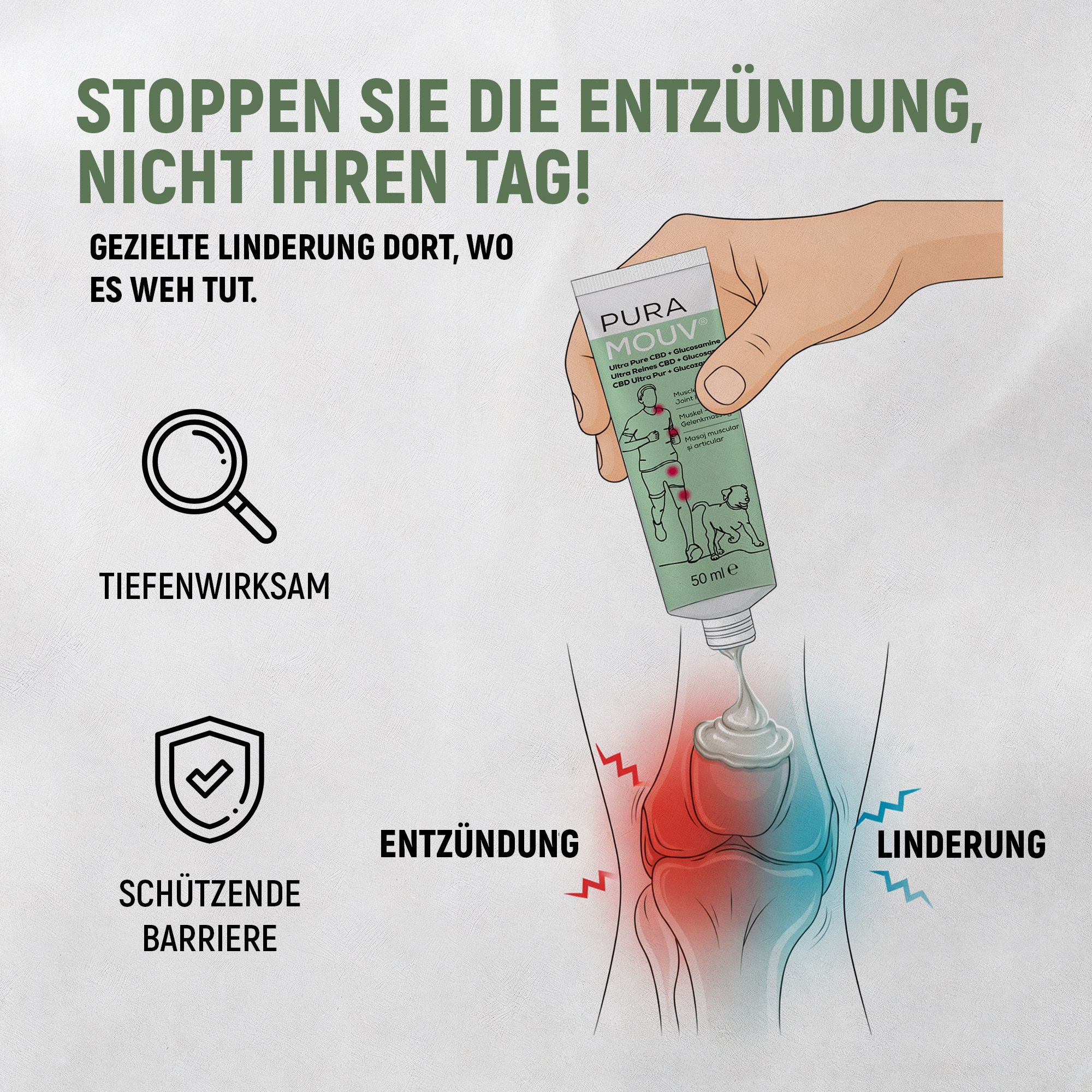 BHW PuraMouv Spier- & Gewrichtsbalsem CBD & Glucosamine Tube aangebracht op een knie.