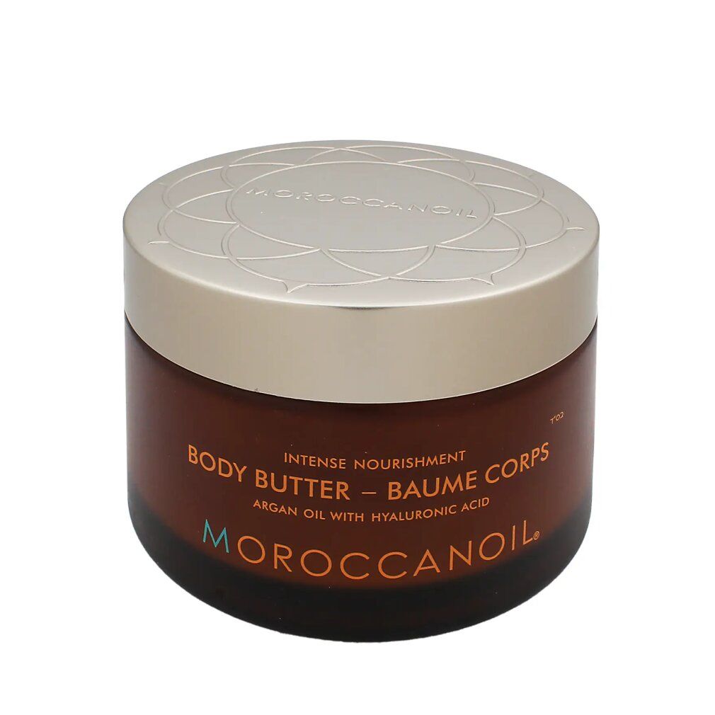 Bruine pot met gouden deksel. Opschrift: Body Butter, arganolie met hyaluronzuur. Merk: MOROCCANOIL.