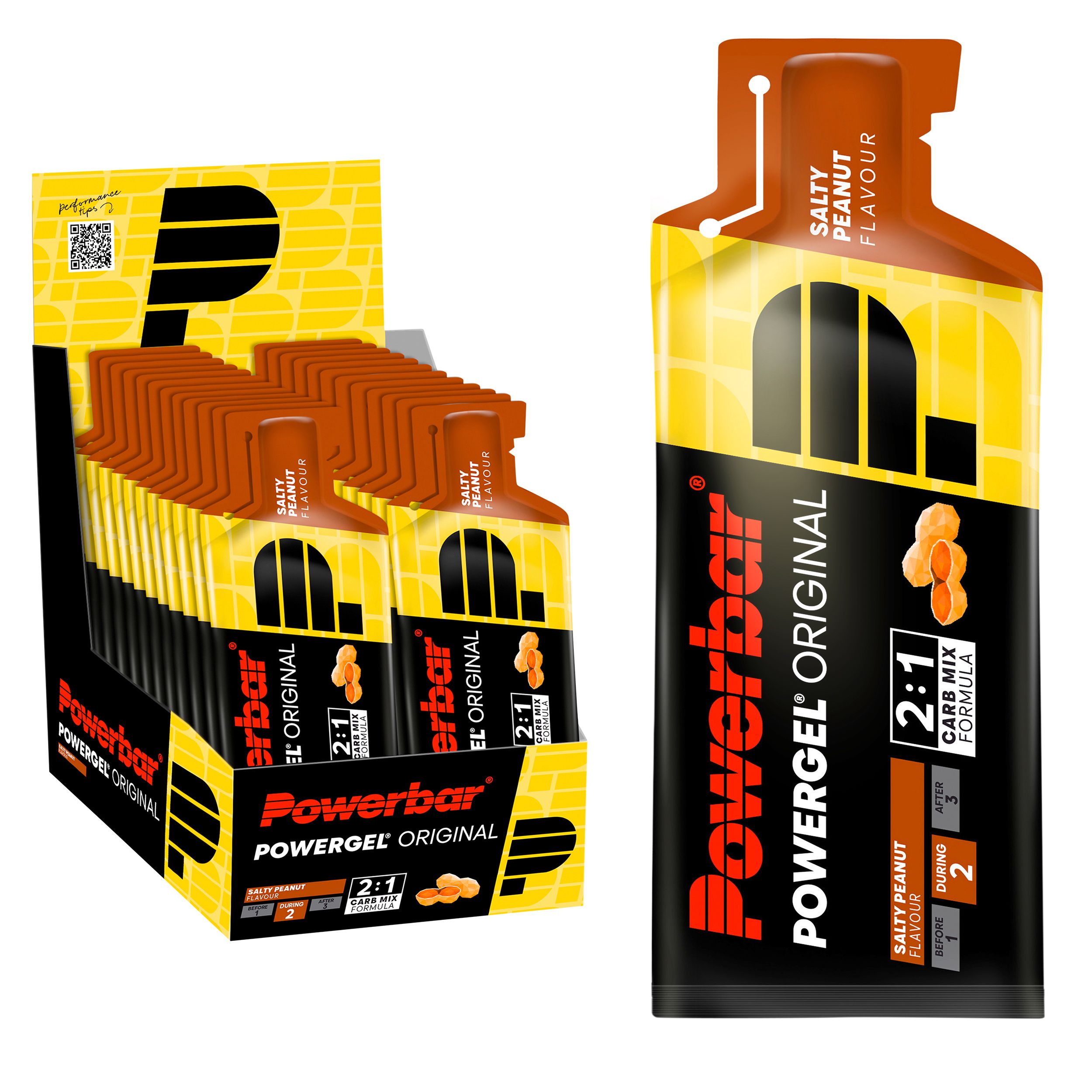 PowerBar PowerGel Original Salty Peanut in een verpakking van 12 individuele porties.