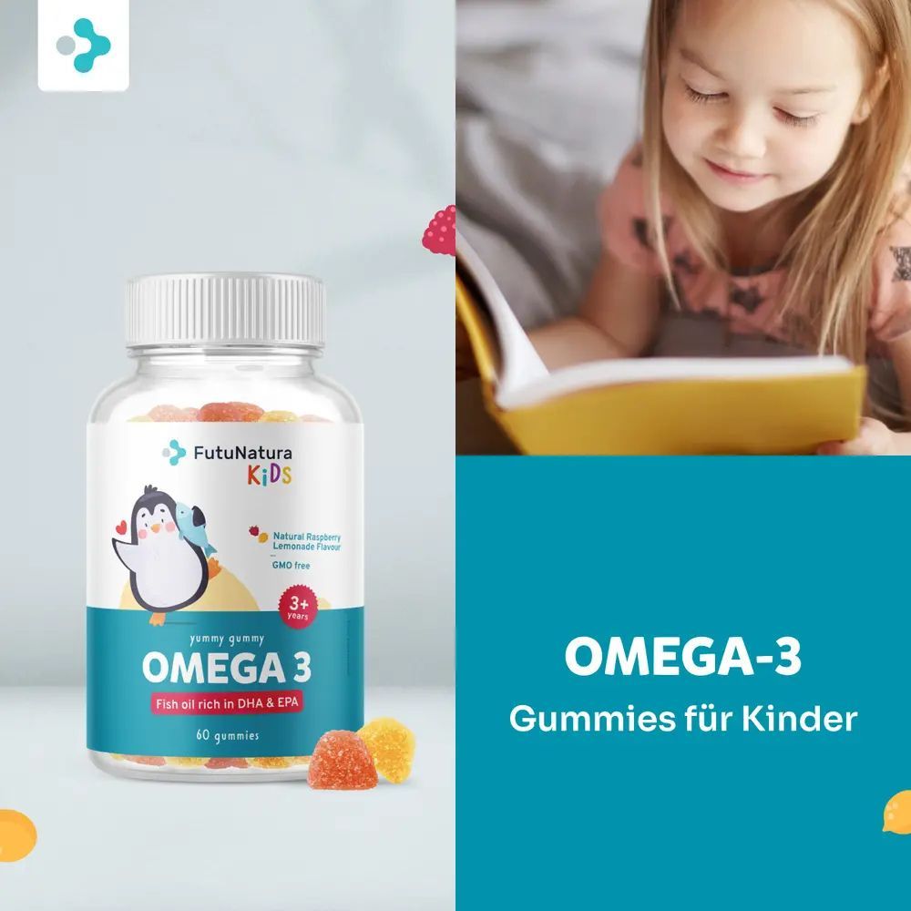 Enfant lisant un livre. À droite: flacon de gummies Omega-3. Étiquette avec pingouin et texte: Omega 3, 3+ ans, 60 gummies.