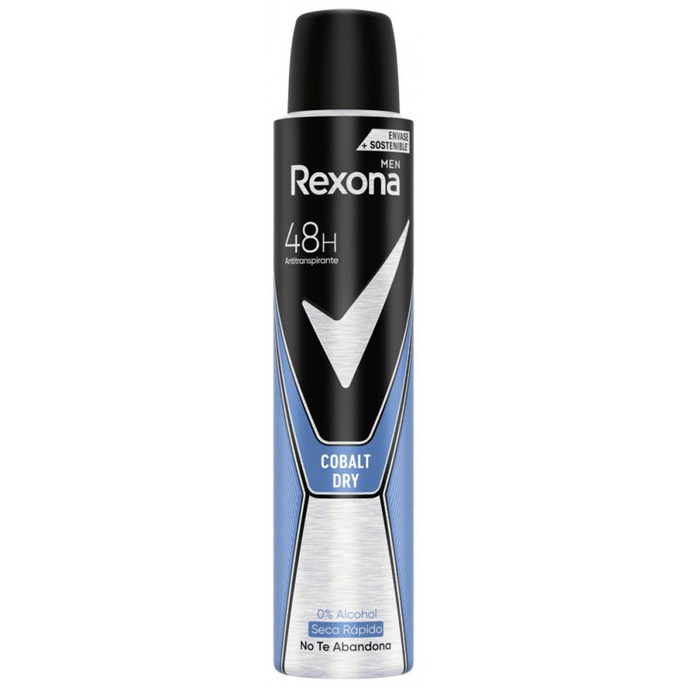 Bombe de déodorant Rexona Cobalt Dry 48h. Flacon noir et bleu avec bouchon noir. Inscription Rexona, 48H, Cobalt Dry. 0% alcool.