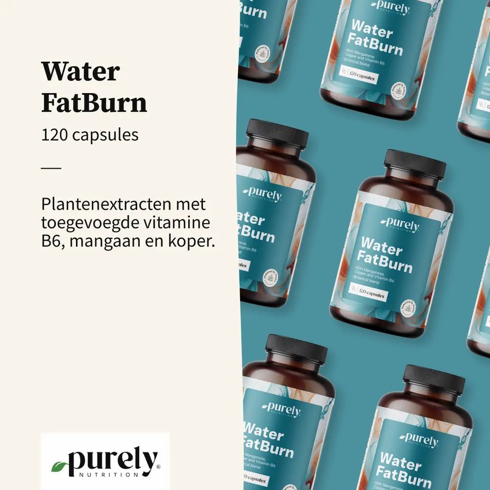 Meerdere flessen Water FatBurn. Opschrift: 120 capsules. Met plantenextracten, vitamine B6, mangaan en koper. Logo: purely nutrition.