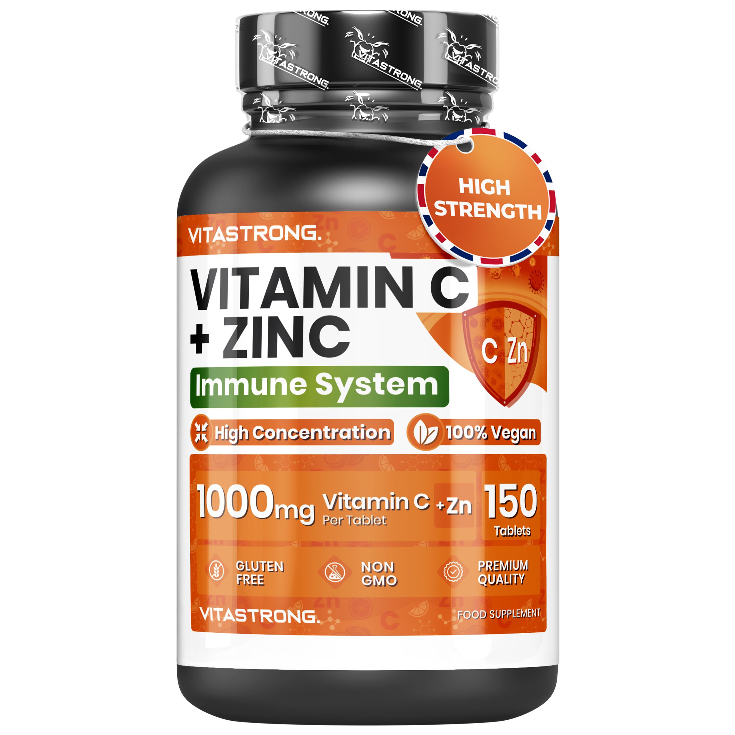 Vitastrong Vitamine C + Zinc, 150 comprimés. Bouteille noire avec étiquette orange. Texte : « Système immunitaire » et « 1000mg Vitamine C ».