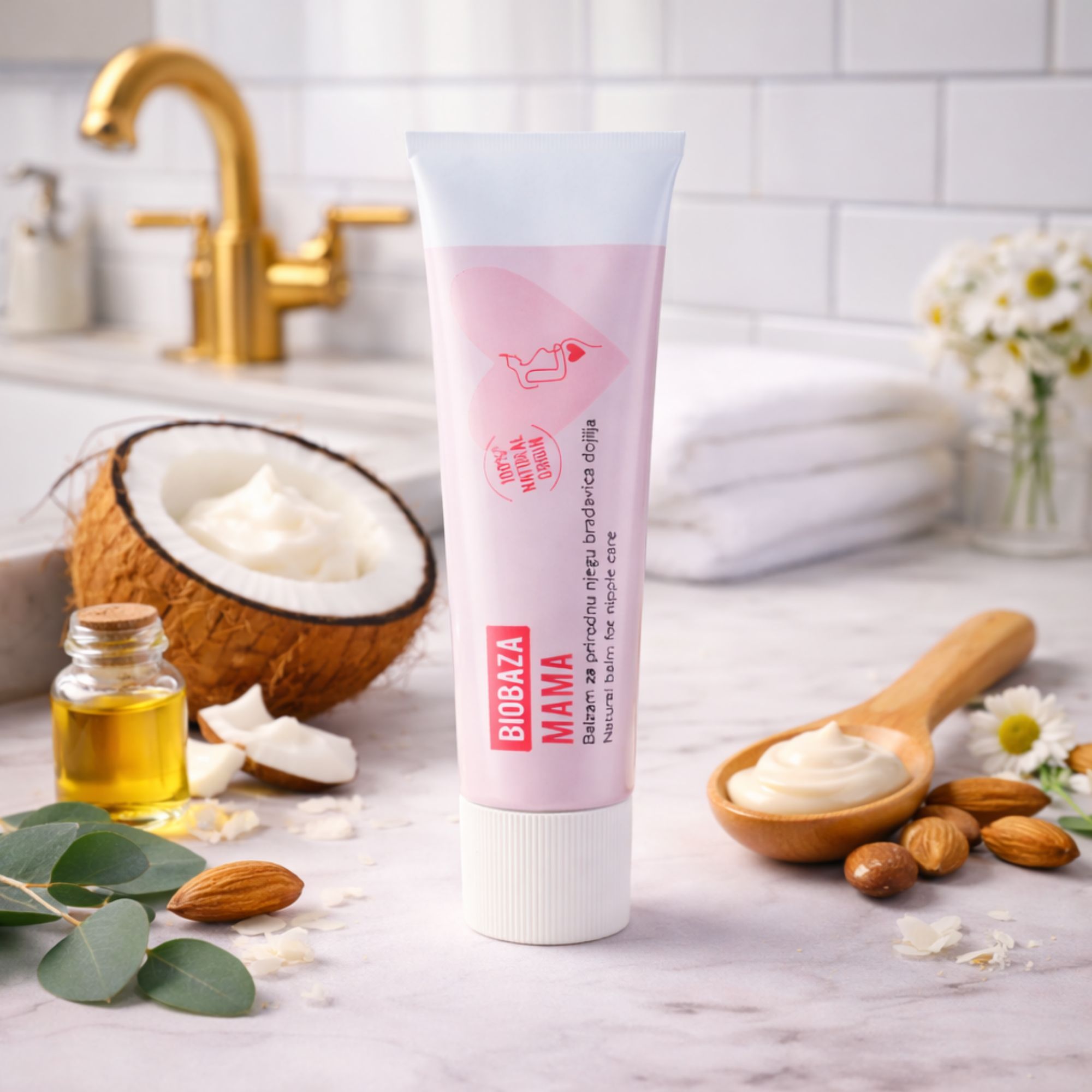 Roze tube met witte dop. Tekst: Biobaza Mama, tepelzalf. Kokosnoot, olie, amandelen en crème.
