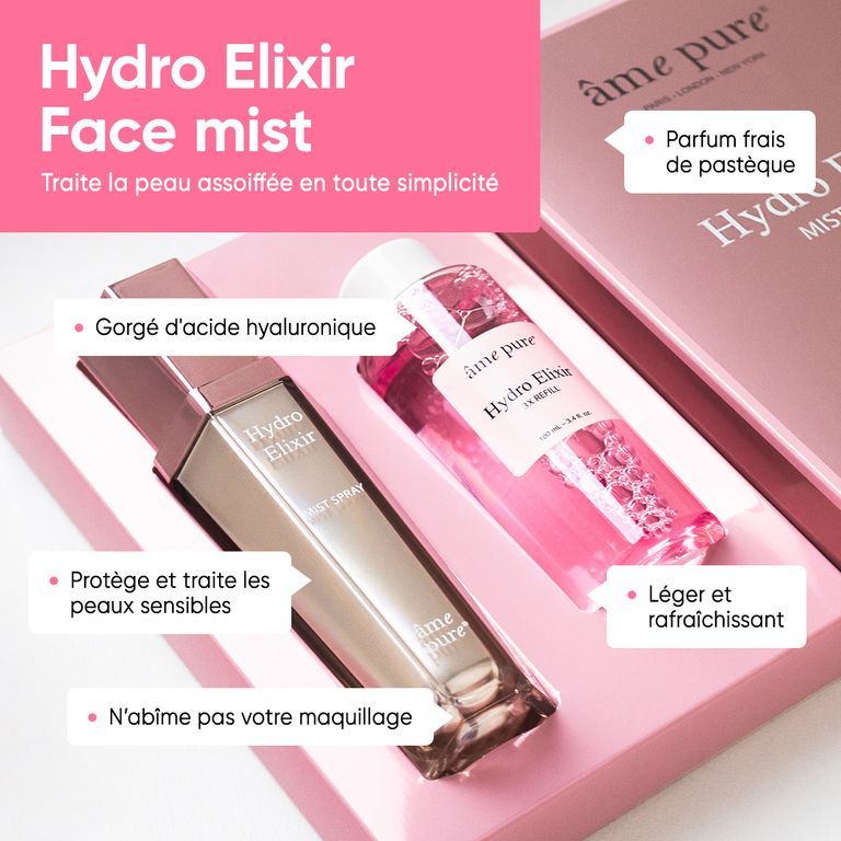 Âme pure Hydro Elixir Face Mist : spray et recharge avec caractéristiques produit.