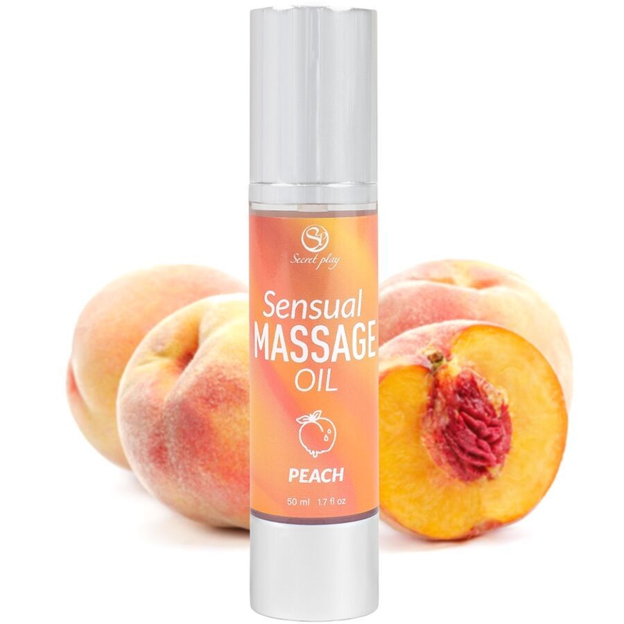 Fles massageolie voor perziken. Opschrift: Sensual Massage Oil Peach. Zilveren pompkop.