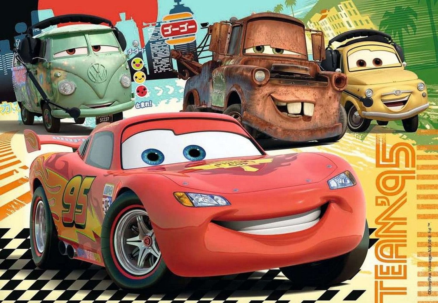 Puzzel met Cars-figuren. Rode raceauto op de voorgrond, andere auto's op de achtergrond. Dambordpatroon onderaan.