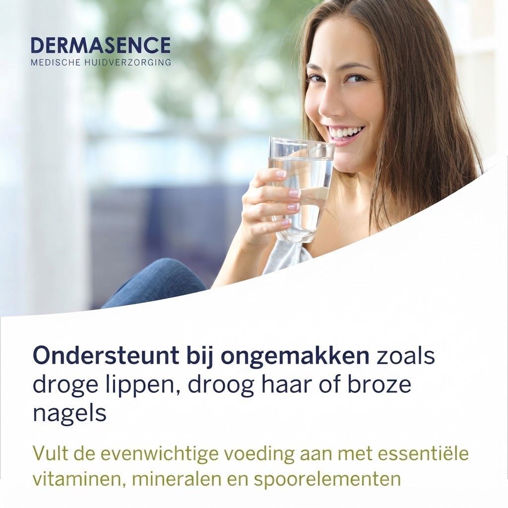 Vrouw drinkt water, merk Dermasence, medische huidverzorging.