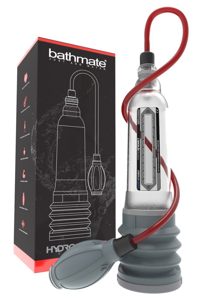 Emballage du produit et système hydraulique. Boîte noire avec image du produit. Cylindre transparent avec raccord de tuyau rouge.