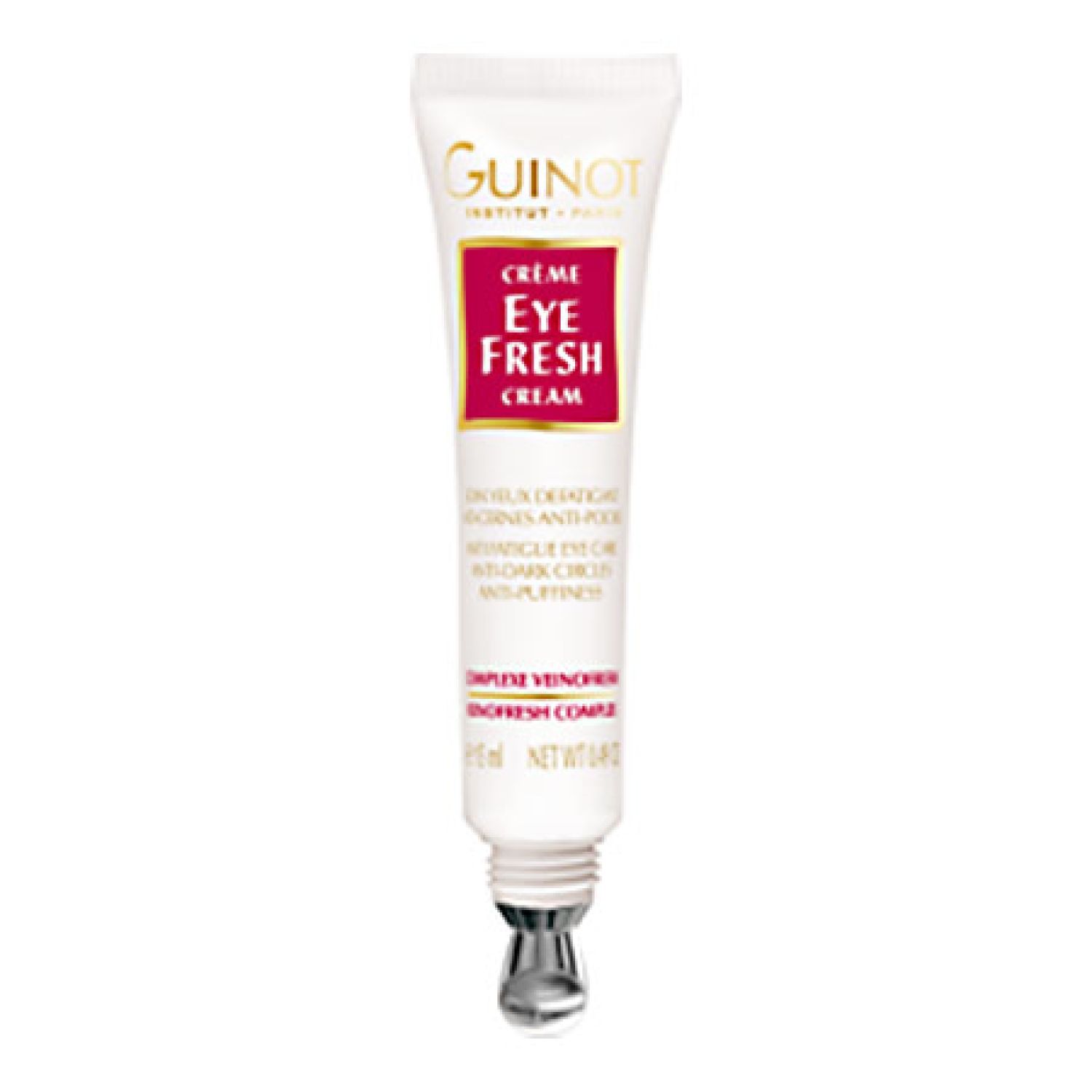 Guinot Crème Eye Fresh Creme tube. Witte tube met rood etiket. Bevat een metalen applicator.