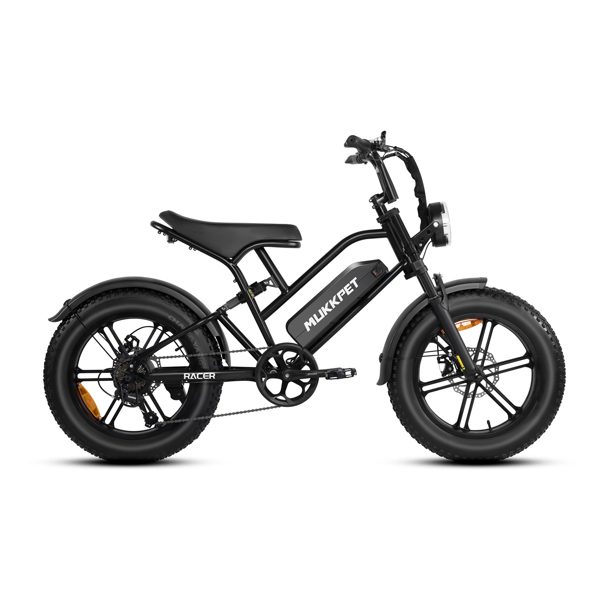 Vélo électrique noir, vue latérale, marque MUKKPET, modèle RACER, pneus larges.