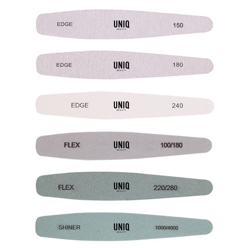 Zes UNIQ Beauty nagelvijlen in verschillende gritmaten: 150, 180, 240, 100/180, 220/280, 1000/4000.