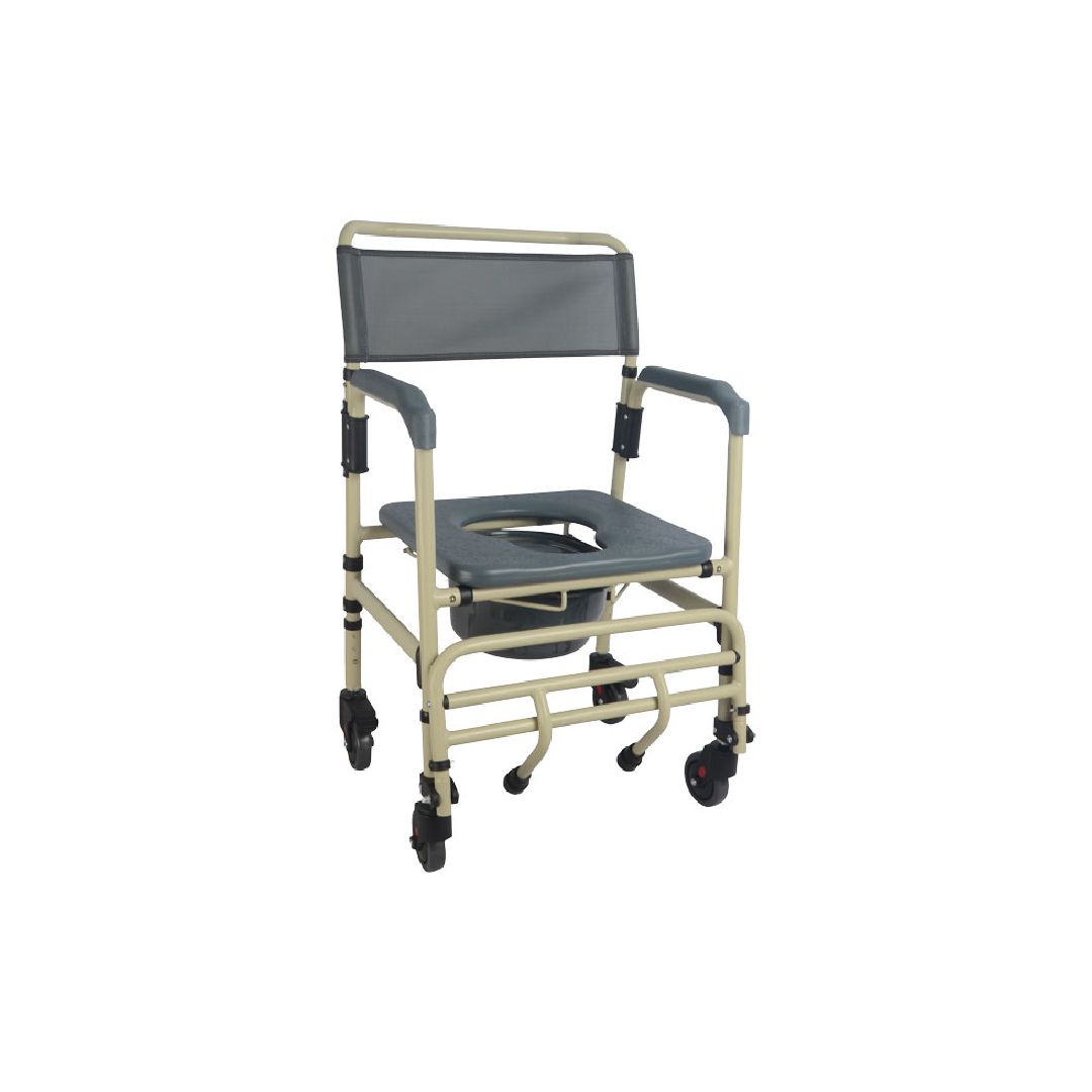 Chaise percée avec accoudoirs, dossier et quatre roues. Coloris beige-gris. Siège avec ouverture.