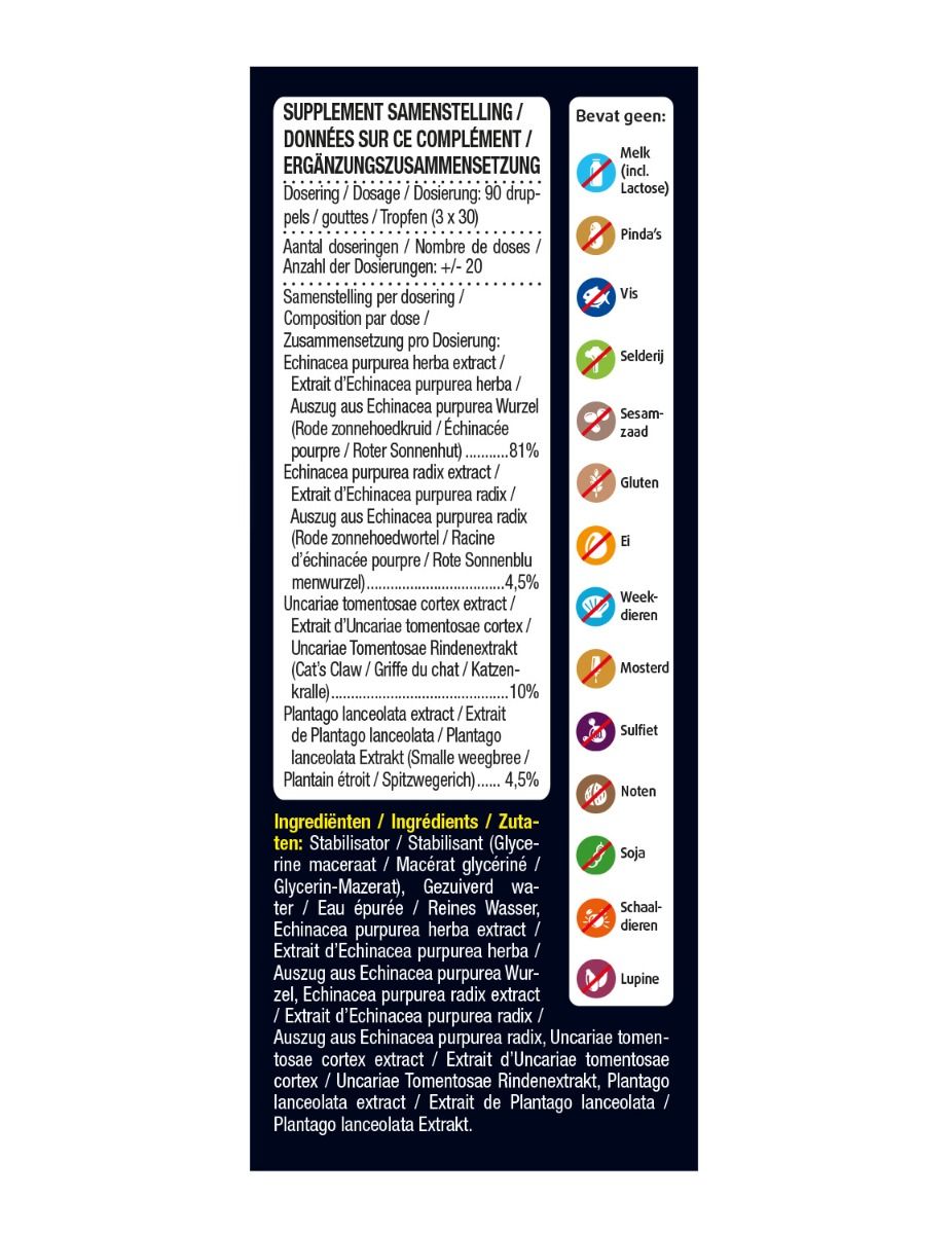 Productlabel met ingrediënten en allergeneninformatie. Tekst in het Nederlands en Frans. Bevat informatie over dosering.