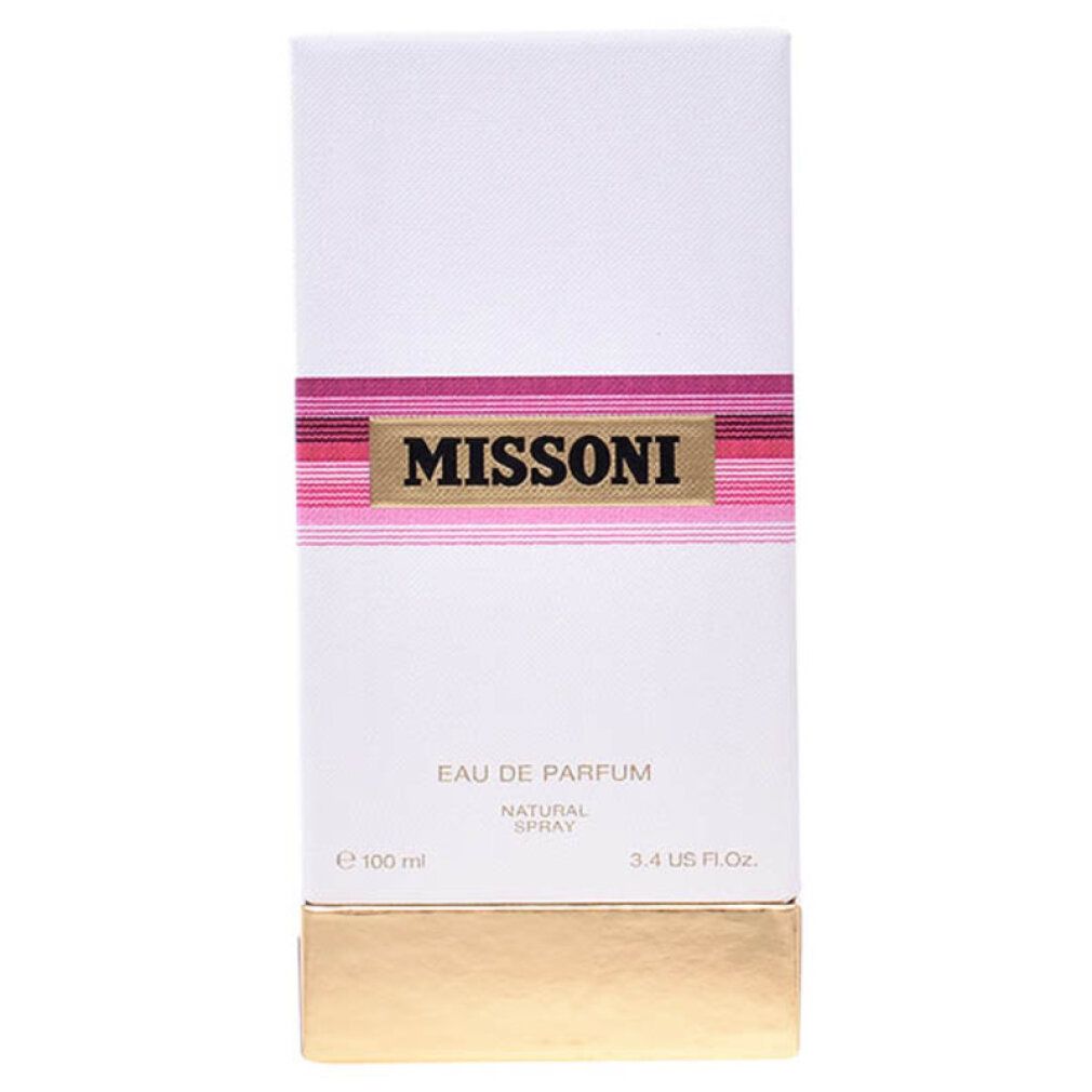Witte rechthoekige doos met roze strepen en gouden bodem. Opschrift: MISSINI, Eau de Parfum, Natural Spray.