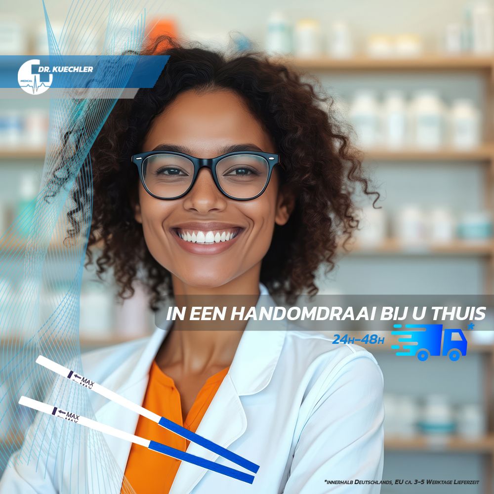 Lachende apotheker voor schappen. Twee zwangerschapstests op de voorgrond. "In een handomdraai bij u thuis".