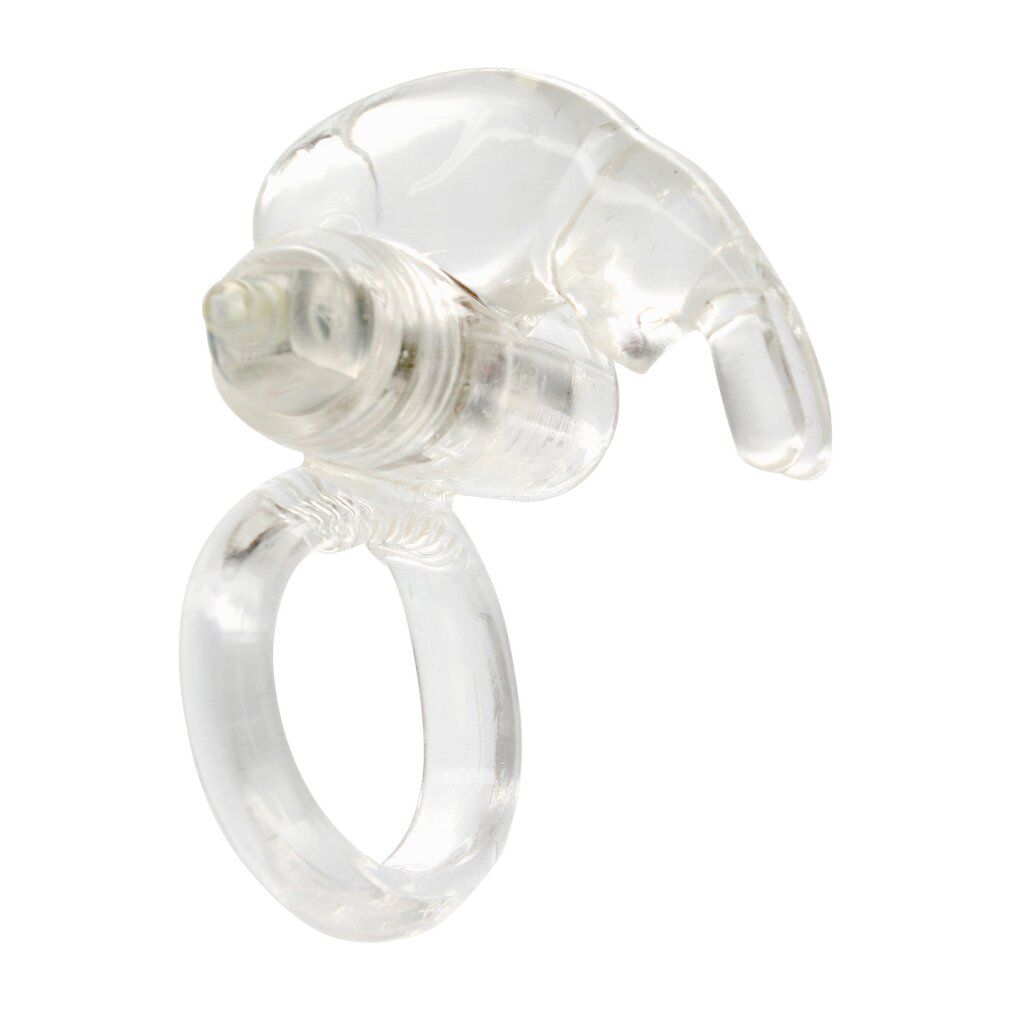 Cockring vibrant transparent avec un anneau et un accessoire flexible.