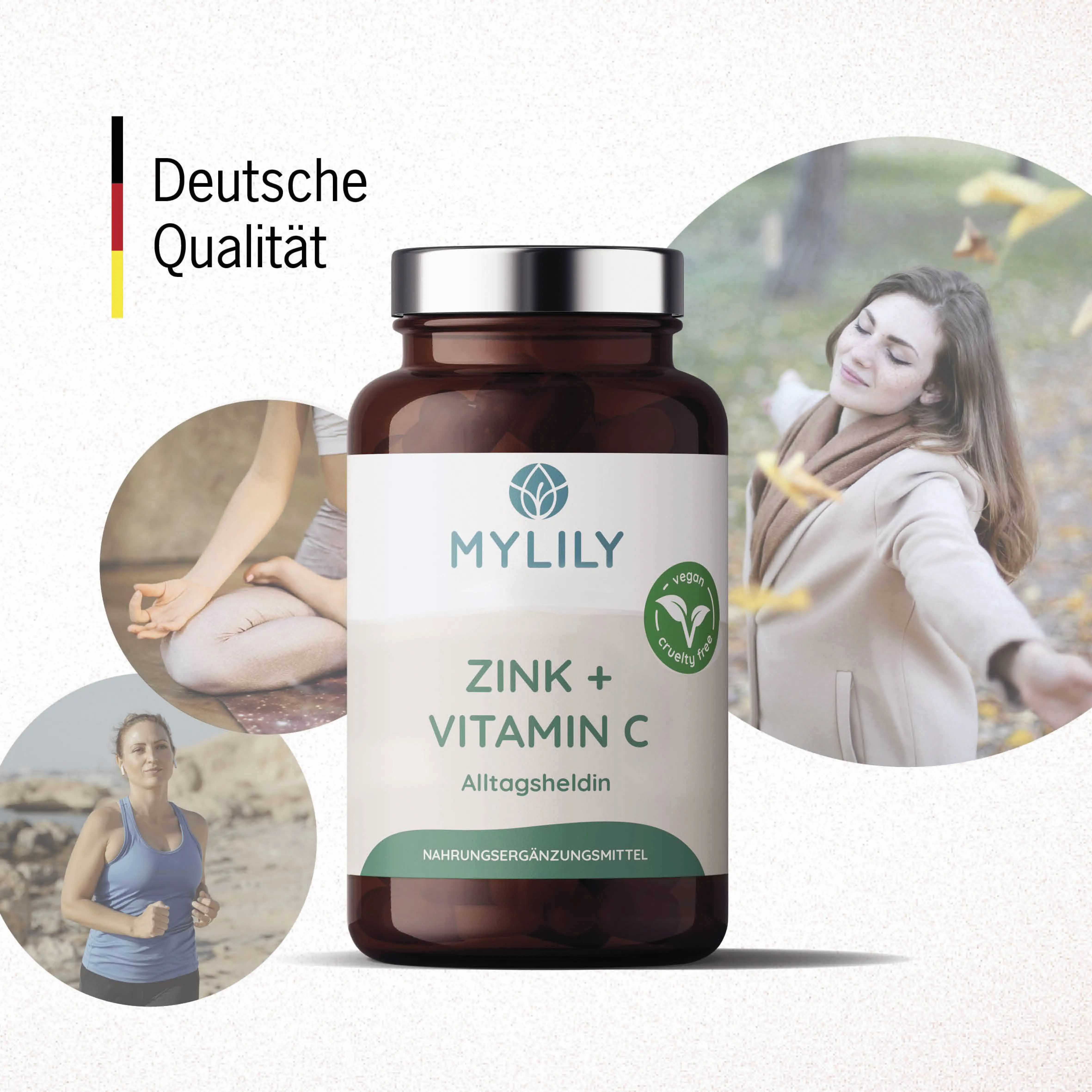 Flacon brun avec étiquette blanche. Inscription : MYLILY, Zinc + Vitamine C, Alltagsheldin. Qualité allemande. Images de femmes.