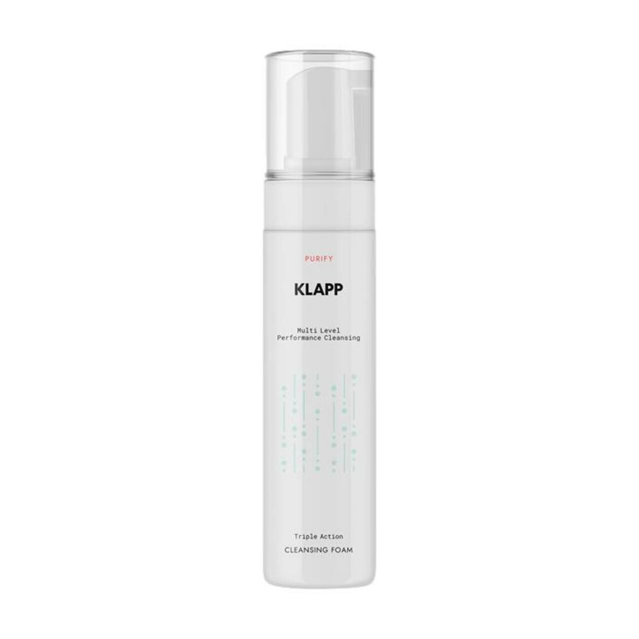 Klapp Multi Level Performance Cleansing Foam. Witte fles met pomp. Tekst: PURIFY, KLAPP, Triple Action Cleansing Foam.