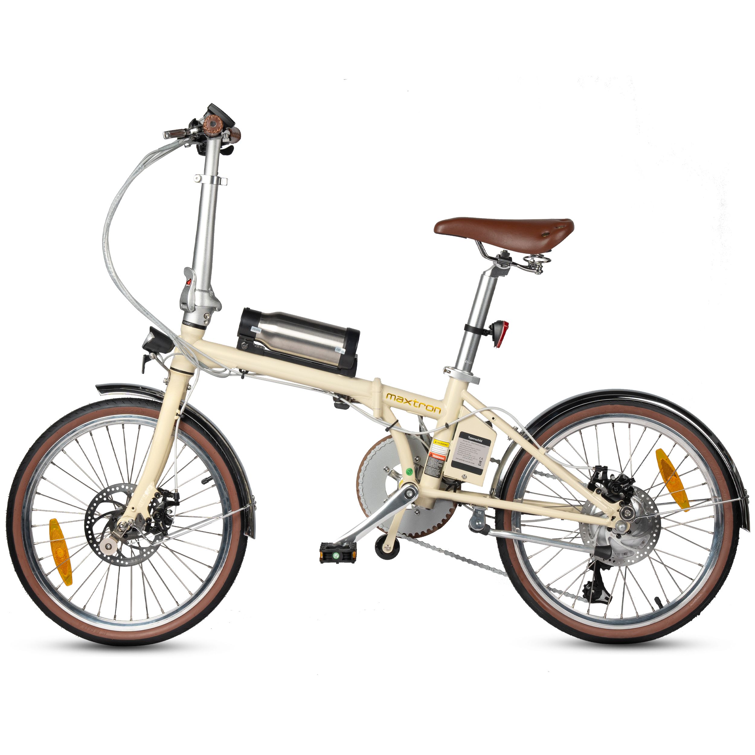 Beige elektrische fiets met bruine banden en zadel. Zichtbaar: motor, accu, spatborden, remmen. Opschrift: Maxtron.