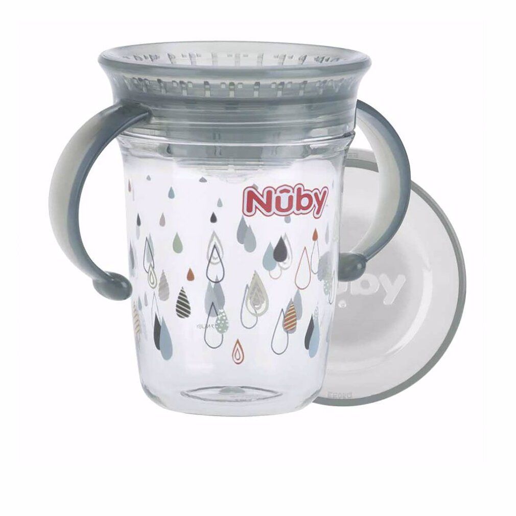 Beker met handvatten en deksel. Merk Nûby. Grijze elementen. Druppelpatroon.