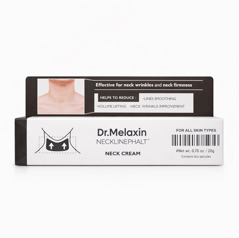 Verpakking van Dr. Melaxin Necklinephalt halscrème, toont nek en tekst.