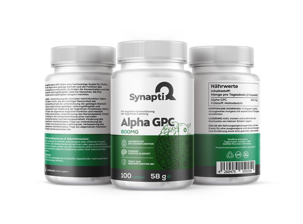 Trois flacons de SynaptiQ® Alpha GPC. Étiquettes vertes et blanches. Contient 100 gélules. Inscription : 600MG.