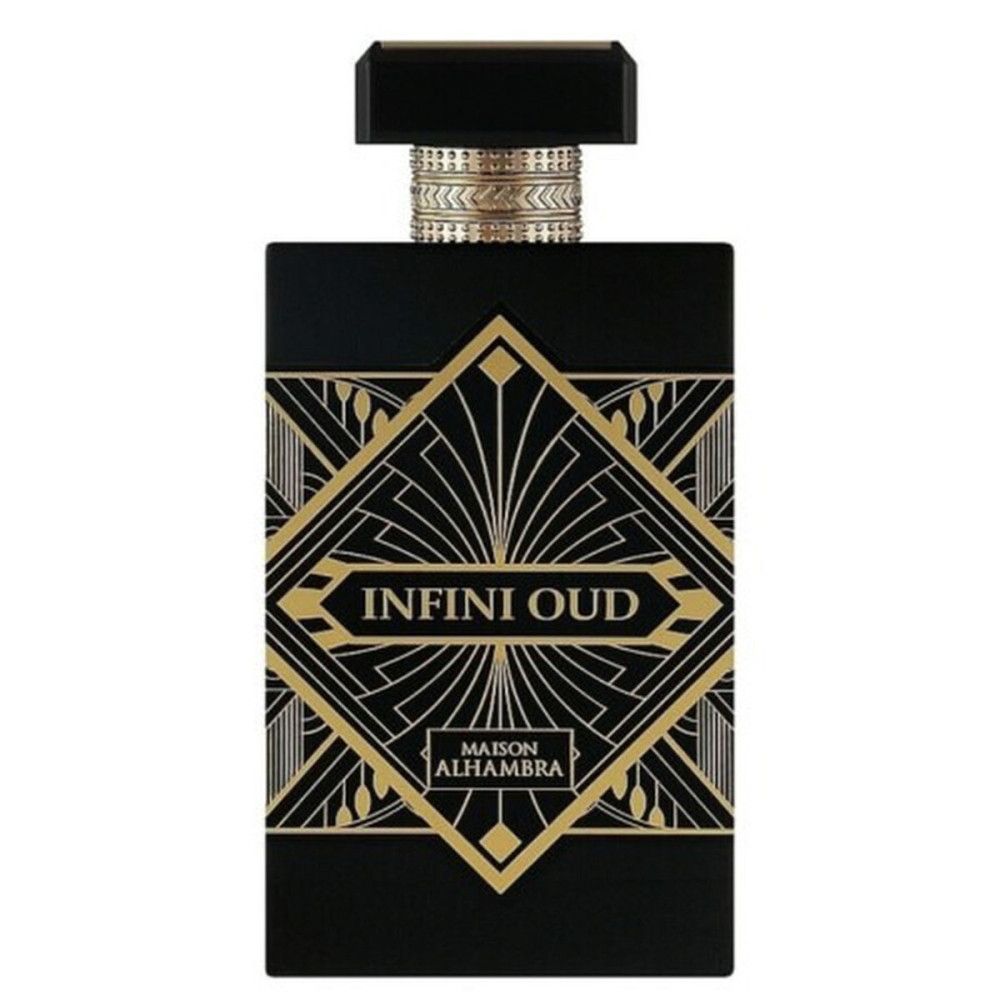 Flacon de parfum noir avec détails dorés. Inscription "INFINI OUD" et "MAISON ALHAMBRA".