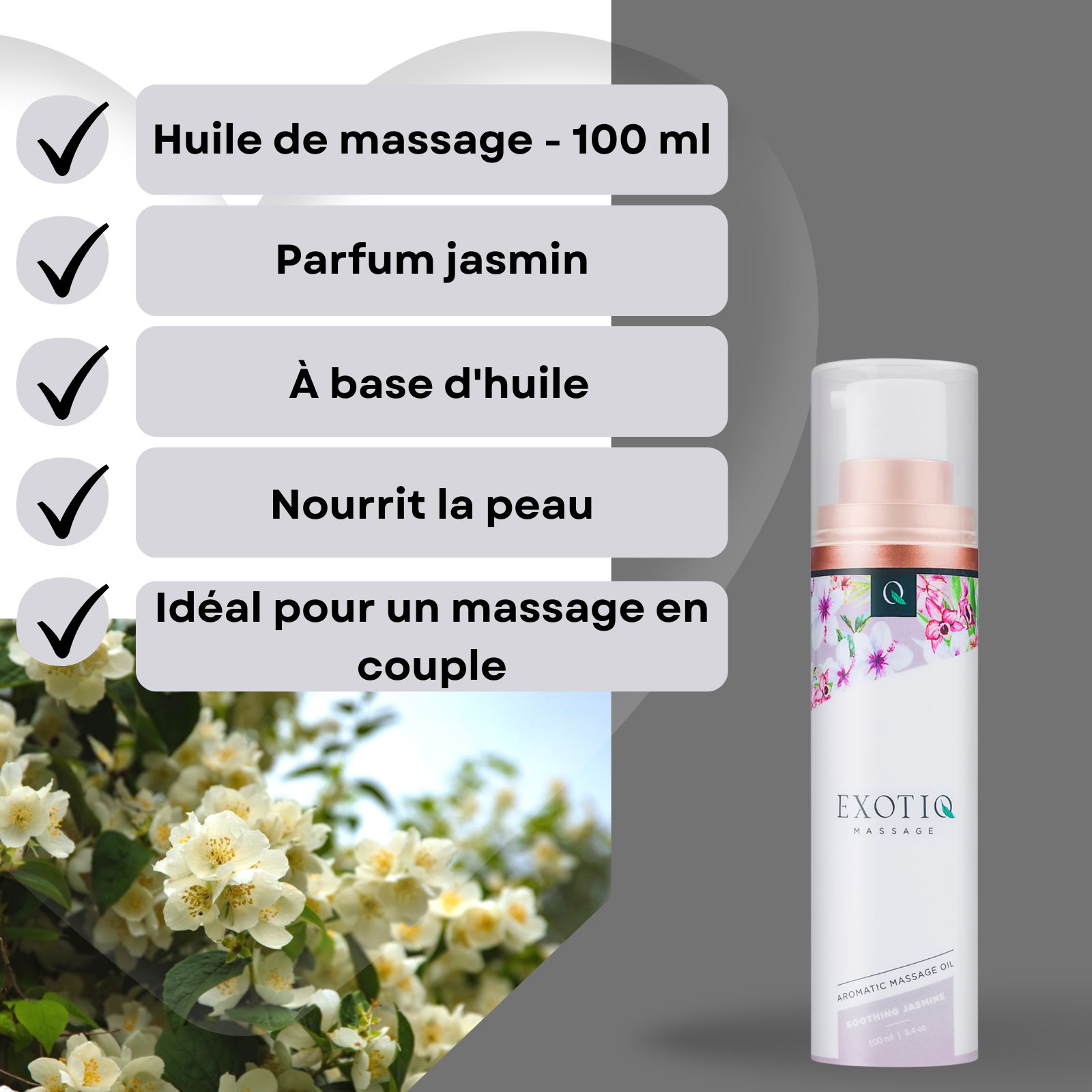 Flacon d'huile de massage au jasmin. Informations produit en français. Fond avec fleurs de jasmin.