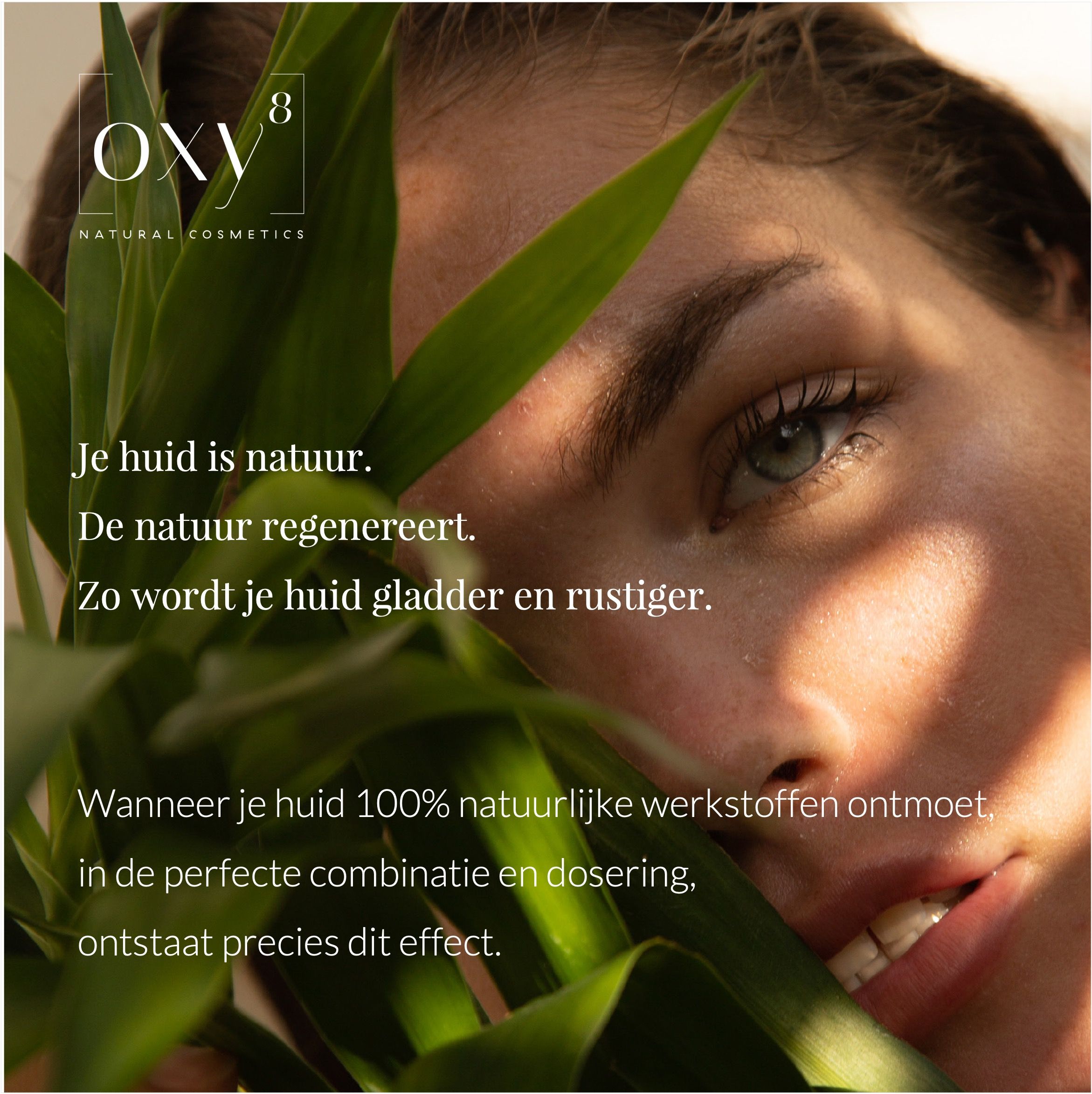 Vrouw met groene bladeren. Tekst over huid. Pot met product.