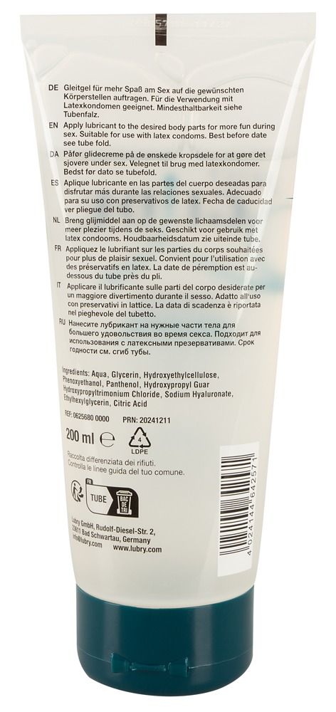 Dos d'un tube de gel lubrifiant. Texte en plusieurs langues. Ingrédients, informations du fabricant et symbole de recyclage.